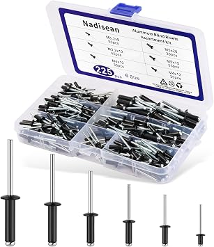 225 Pcs Pop Rivets Assortment, 6 Sizes Black Rivets for Metal