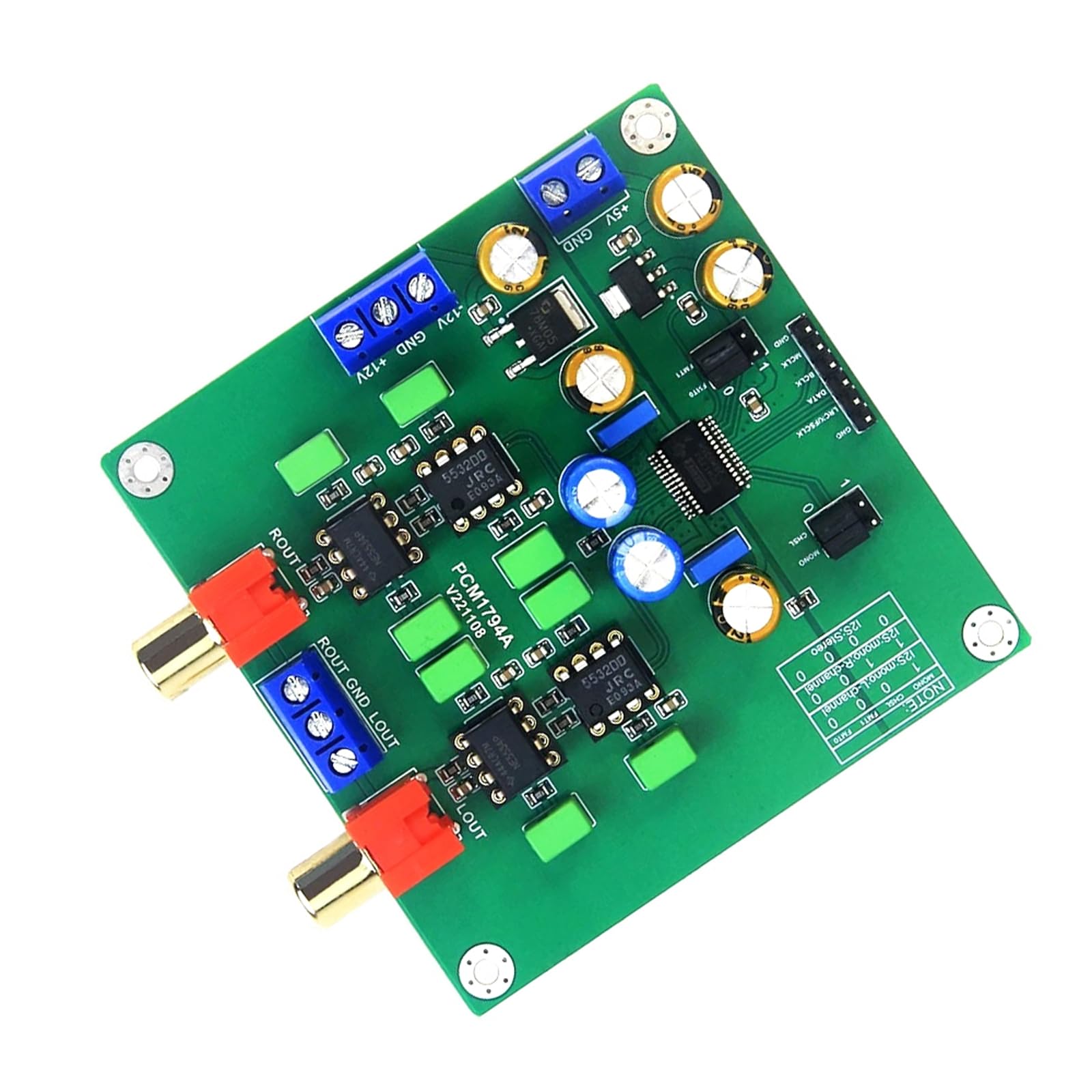 Stereo Audiomodulplatine, I2S Fünfdrahtverbindung, PCM 24 Bit 192 kHz, 102 SNR, 0, 0008% THD+N, +5 V und ±12 V Leistungsanforderungen für den Installationsausgang Separater Stromkreis für die der