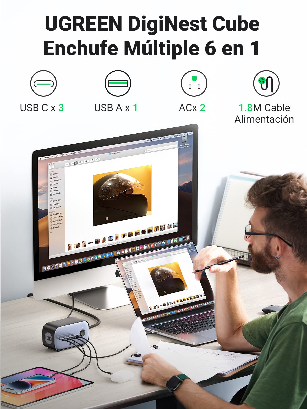UGREEN DigiNest Cube 6 en 1 - Regleta USB (2 enchufes con 100 W, 4 Puertos USB C y USB, Toma eléctrica con Interruptor y 1,8 m, Cable de alimentación