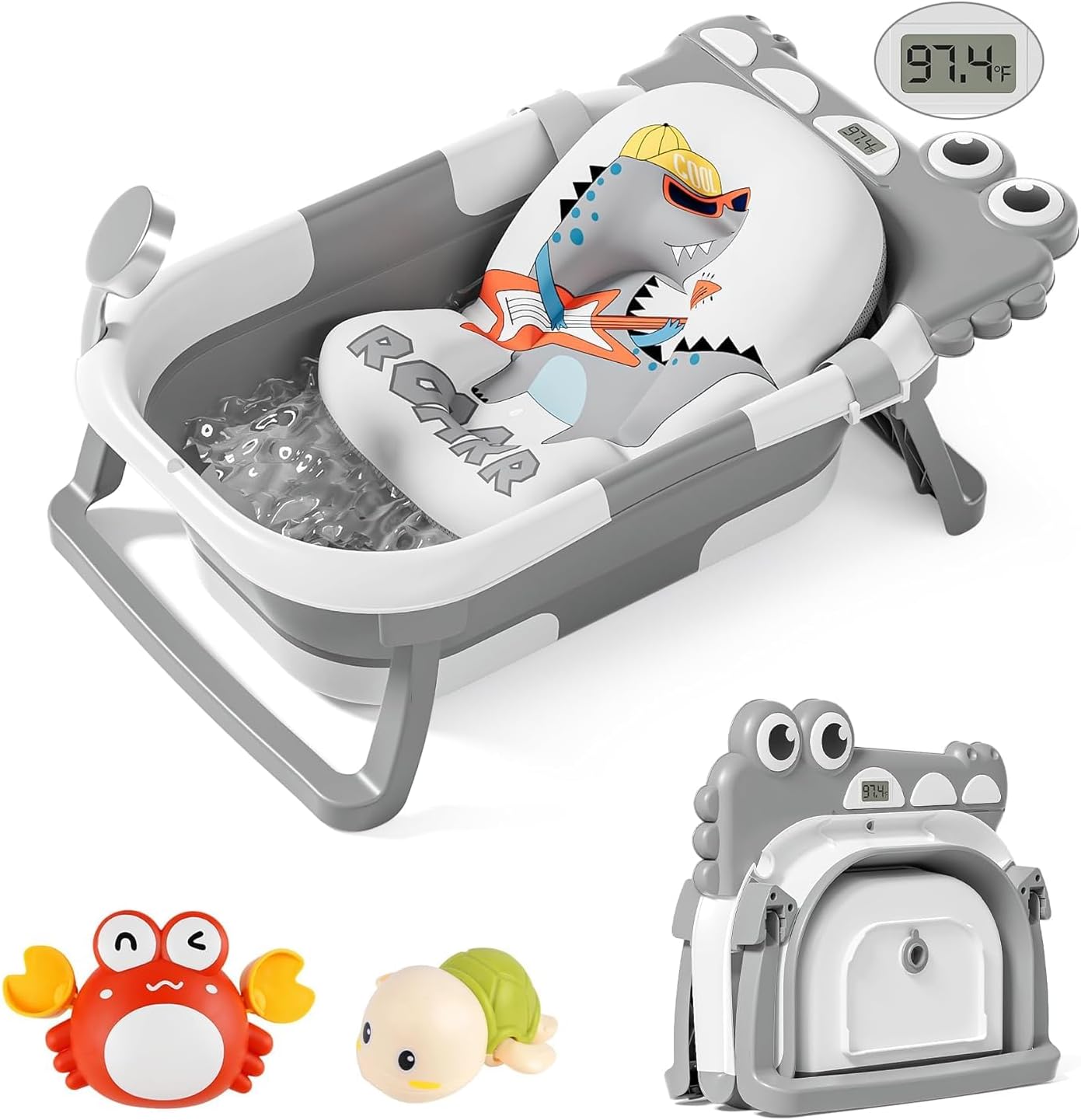 DsocoolCollapsible Baby Bathtub for Infants to Toddler with Real-time Temp Monitor+Floating Cushion,Foldable Baby Bath Tub Set Applicable 0-36 Month, Portable Travel Baby Tub