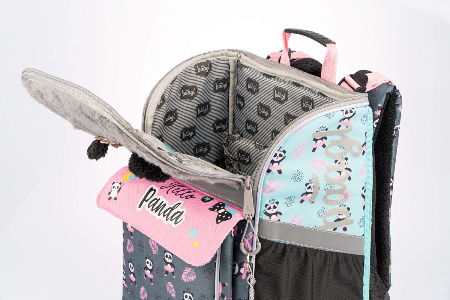 Baagl Set da 3 Pezzi Zaino Scuola Primaria con Cintura sul Petto, Zainetto Ergonomico per Bambini, Panda, 37x28cm