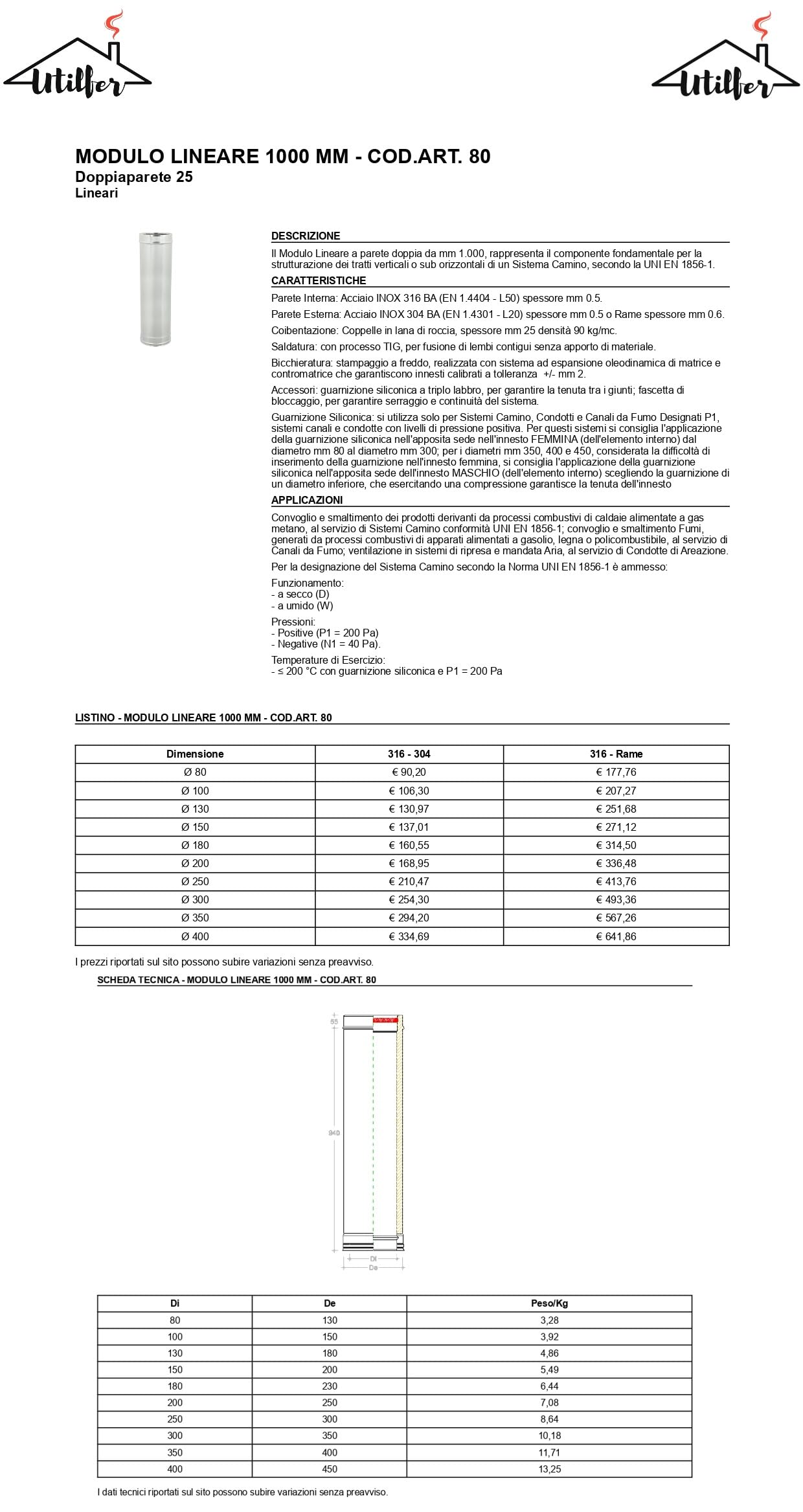 Tubo de doble pared aislado, acero inoxidable AISI interior 304 y AISI exterior con un espesor de 0,5 mm, para conducto de ventilación