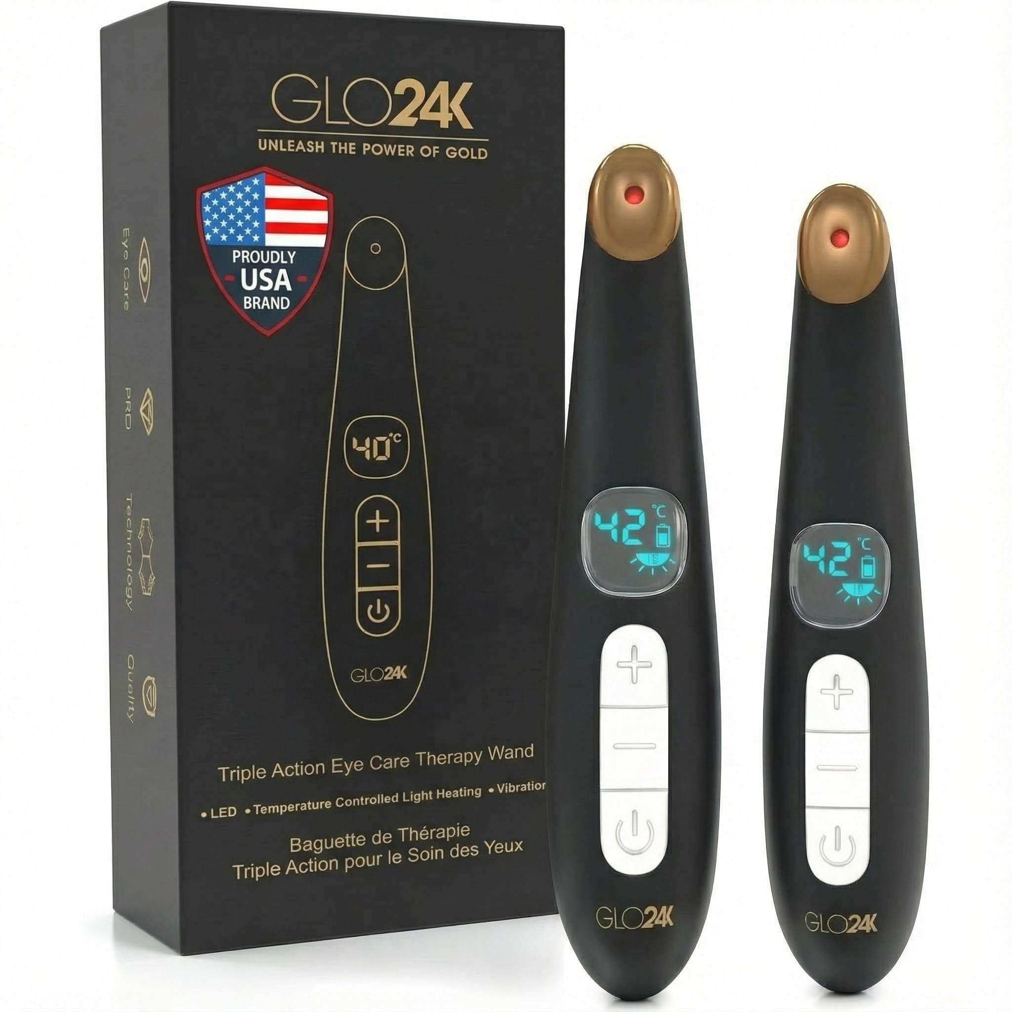 GLO24K Heated Eye Massager Wand with Vibration for Under-Eye Care (2 Pack)