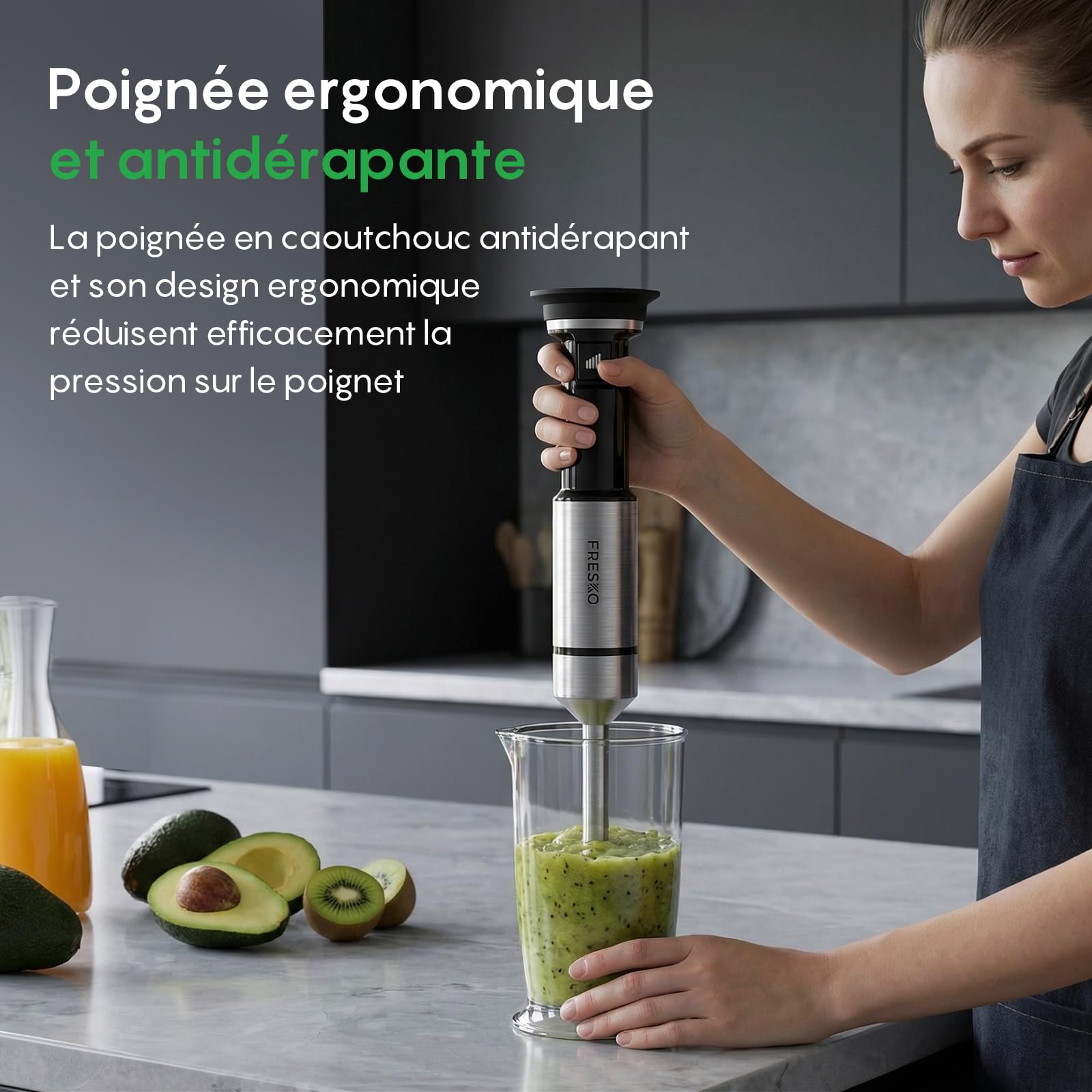 FRESKO Mixeur Plongeant 1000W, Vitesse Variable, Conception détachable | Pied Acier Inoxydable avec Protège-Casserole, pour Bébé, Soupes, Smoothies, Purées et Sauces, Noir