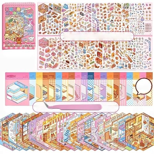 20 Sets DIY 3D Sticker Scene,Make Your Own House Miniature Cute Cartoon Animal Isometric Scene Funny Stickers for Kids,Sticker Therapy Scenes Collection Book for Adults Stress Relief Pass The Time