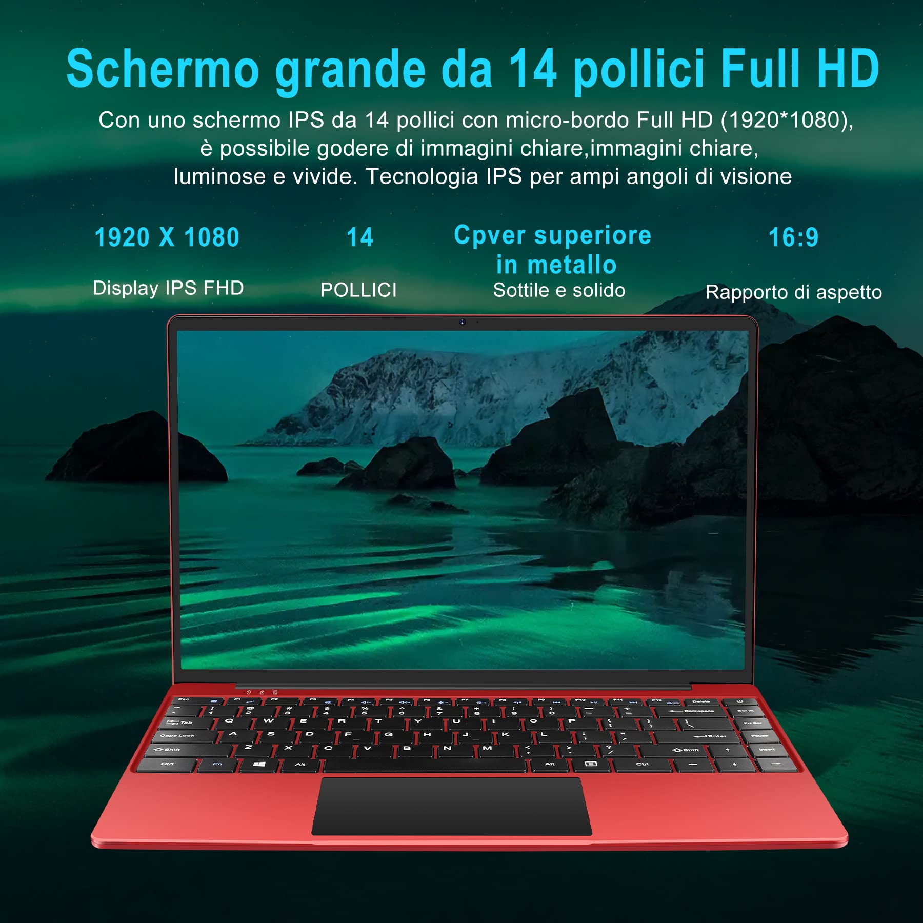 WOZIFAN 2025 Newest PC Portatile 14 Pollici Laptop Metal Shell 128 GB SSD Supporta l'espansione 1TB Notebook 2.4G+5G 1080P con mouse senza fili protezione della tastiera(Italiana)-Rosso