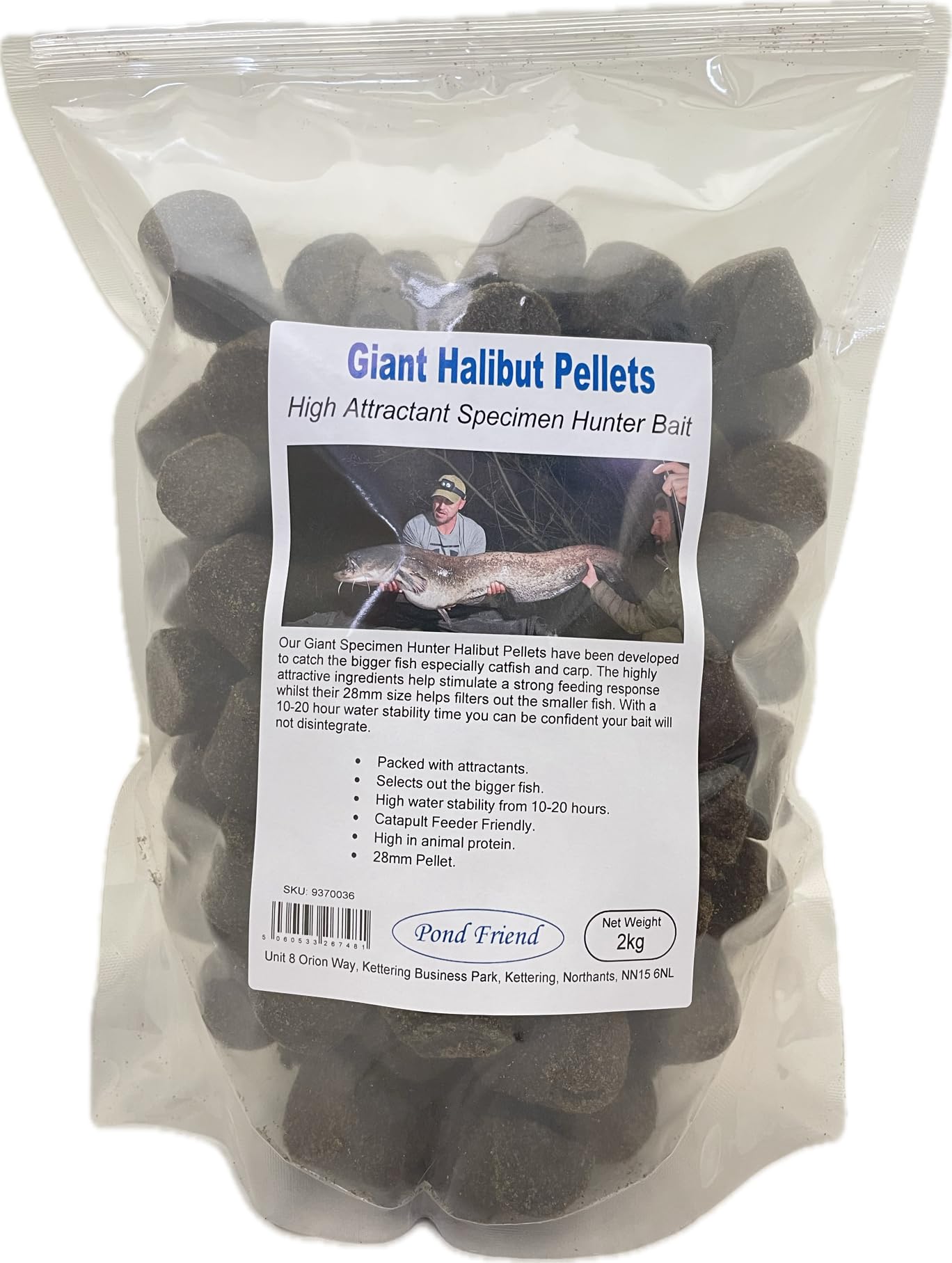 Pond Friend Giant Halibut Pellets 28mm Catfish Carp Specimen Hunter Fishing Bait Black 2kg
