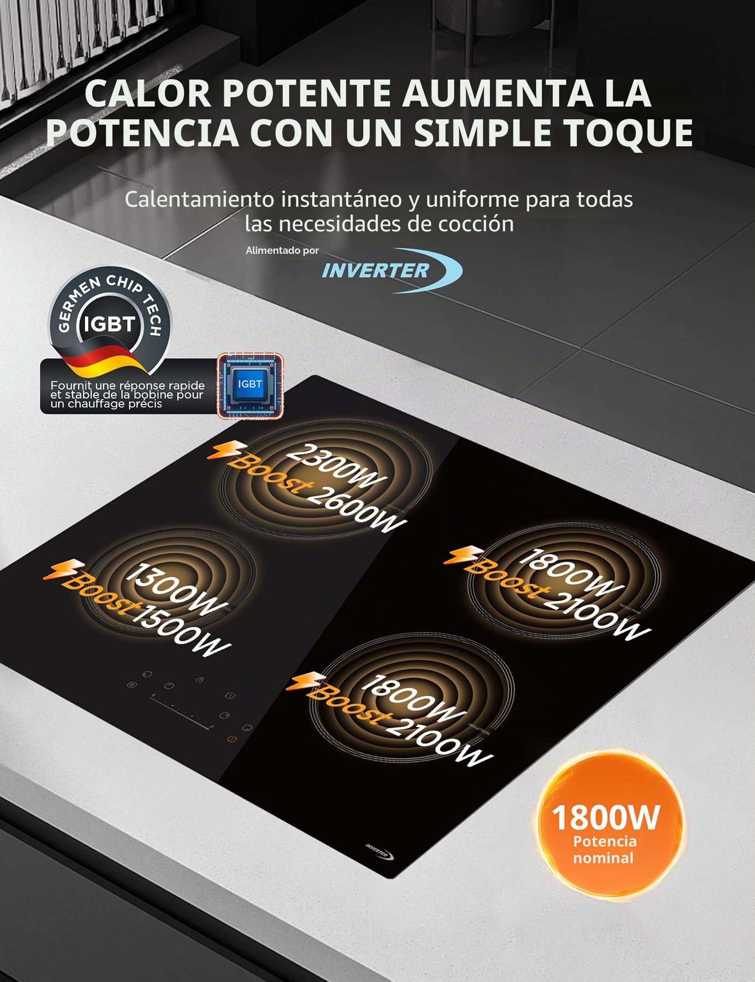 COMFEE' CIH741F238K0 - Mesa de cocción de inducción (7200 W, con 4 quemadores, 9 niveles de potencia, superficie de calentamiento ampliado del 20% con función Boost, control táctil, seguridad para