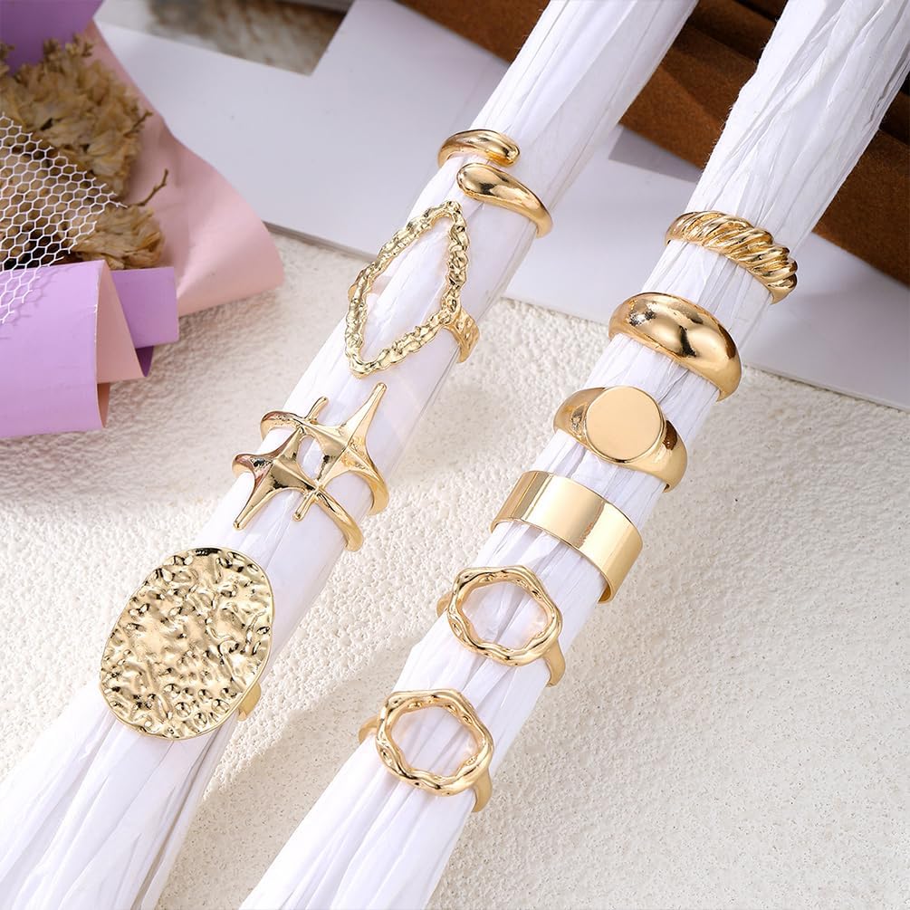 10Pcs Gold Chunky Rings Set Stackable for Women Non Tarnish, Statement Dome Huggie Circle Hammered Big Open Ring Knuckle Finger Party Jewelry Gifts - Image 6