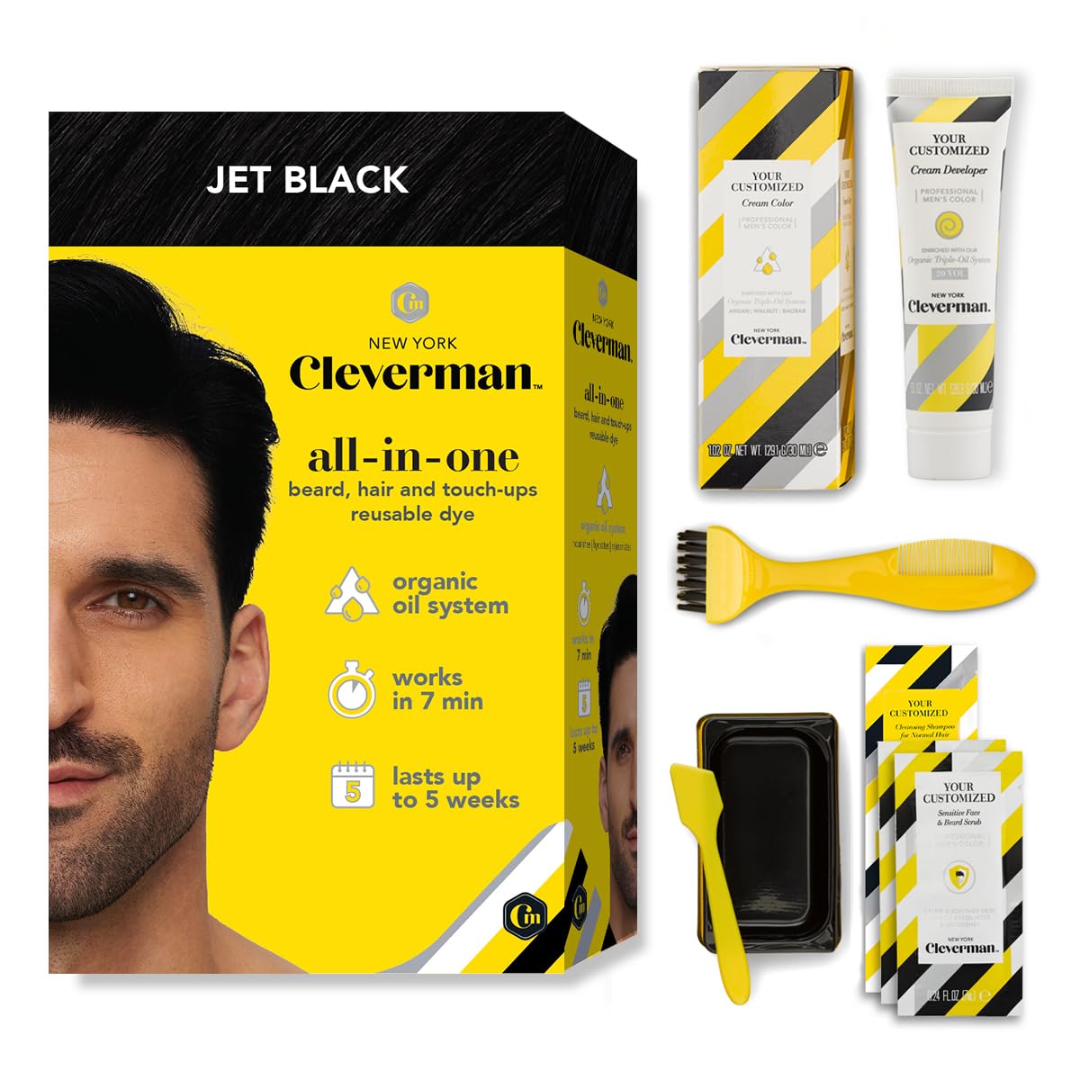 CLEVERMAN Jet Black Hair & Beard Dye for Men, All-in-One Reusable Kit - Permanent, Ammonia-Free, Professional-Quality and Natural-Looking Gray Coverage for Hair, Beard & Mustache