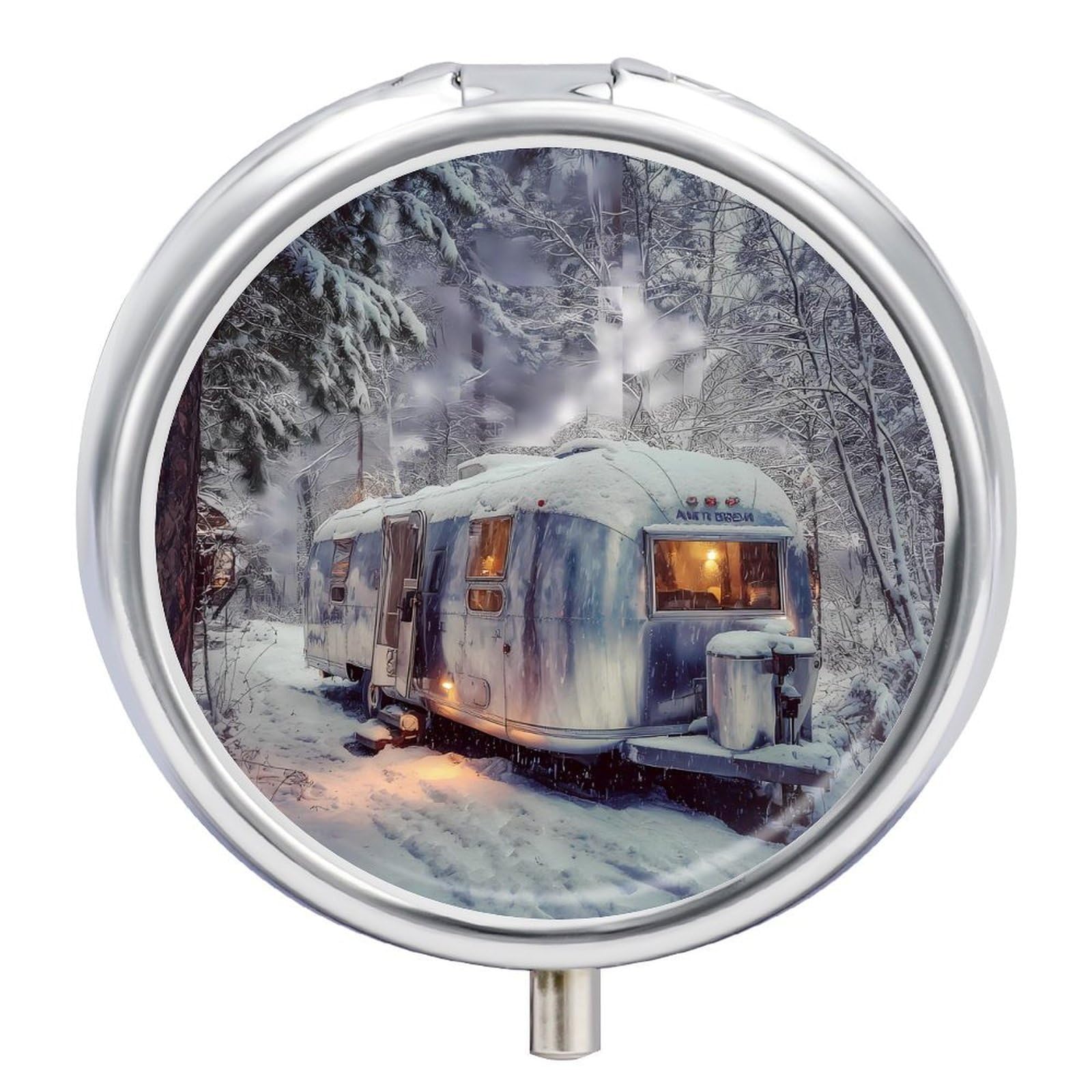 Airstream Trailer in Snowy Woods Mini Pill Organizers Cute Round Pills Box Portable 3 Compartment Medicine Case Box for Travel
