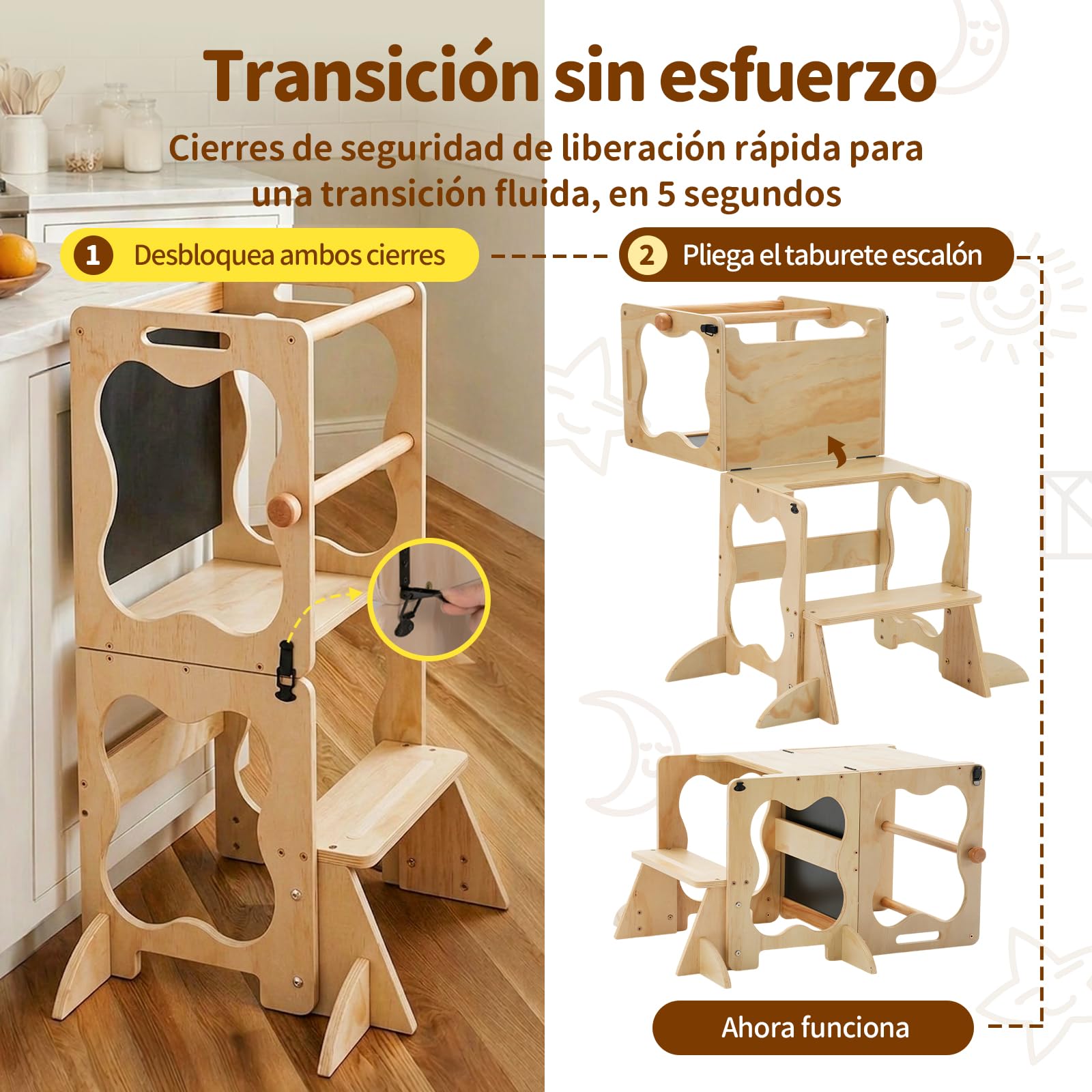 COSYLAND Torre de Aprendizaje Montessori 3 en 1 Convertible con Pizarra | Madera maciza, estructura en A con soportes de esquina; mesa con silla y pizarra para cocina, lavabo y dibujo