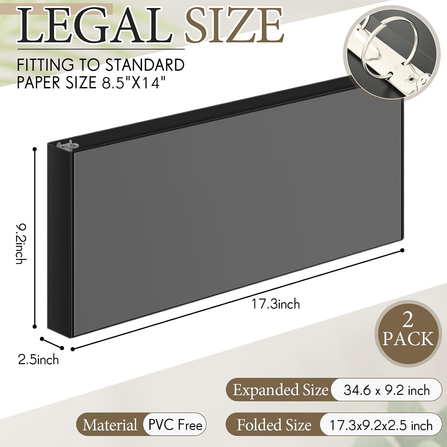 2 pcs 8.5'' x 14'' landscape pp 3 ring legal size binders, 2 inch round ring binder with transparent cover, economy holds legal paper for artwork blueprints office home work place(black) black 2 inch