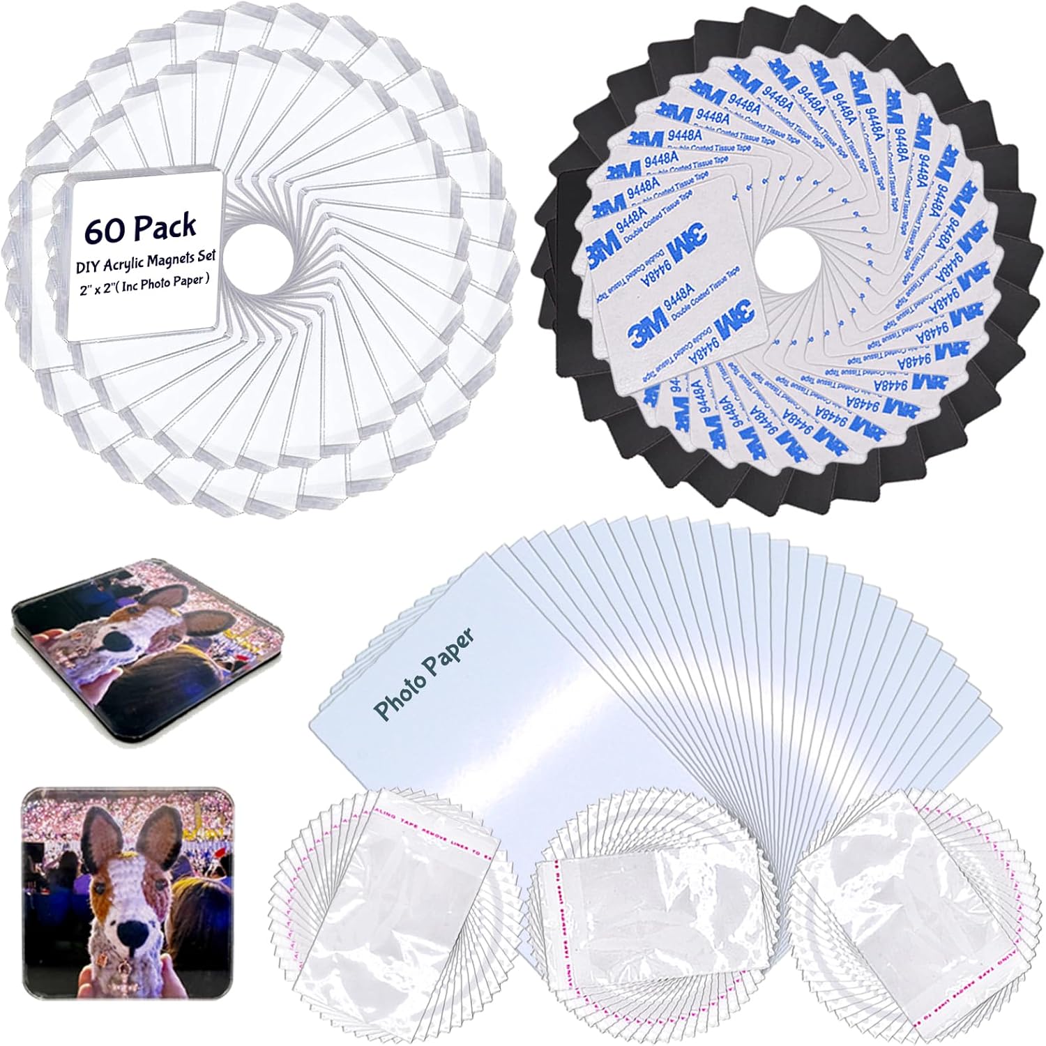 60 Pack Blank Acrylic Fridge Magnets Set, 2" x 2", Inc Photo Paper, Personal DIY Square Decorative Refrigerator Magnet Kits with Adhesive Backing (Classic Style 2"x2" 60p)