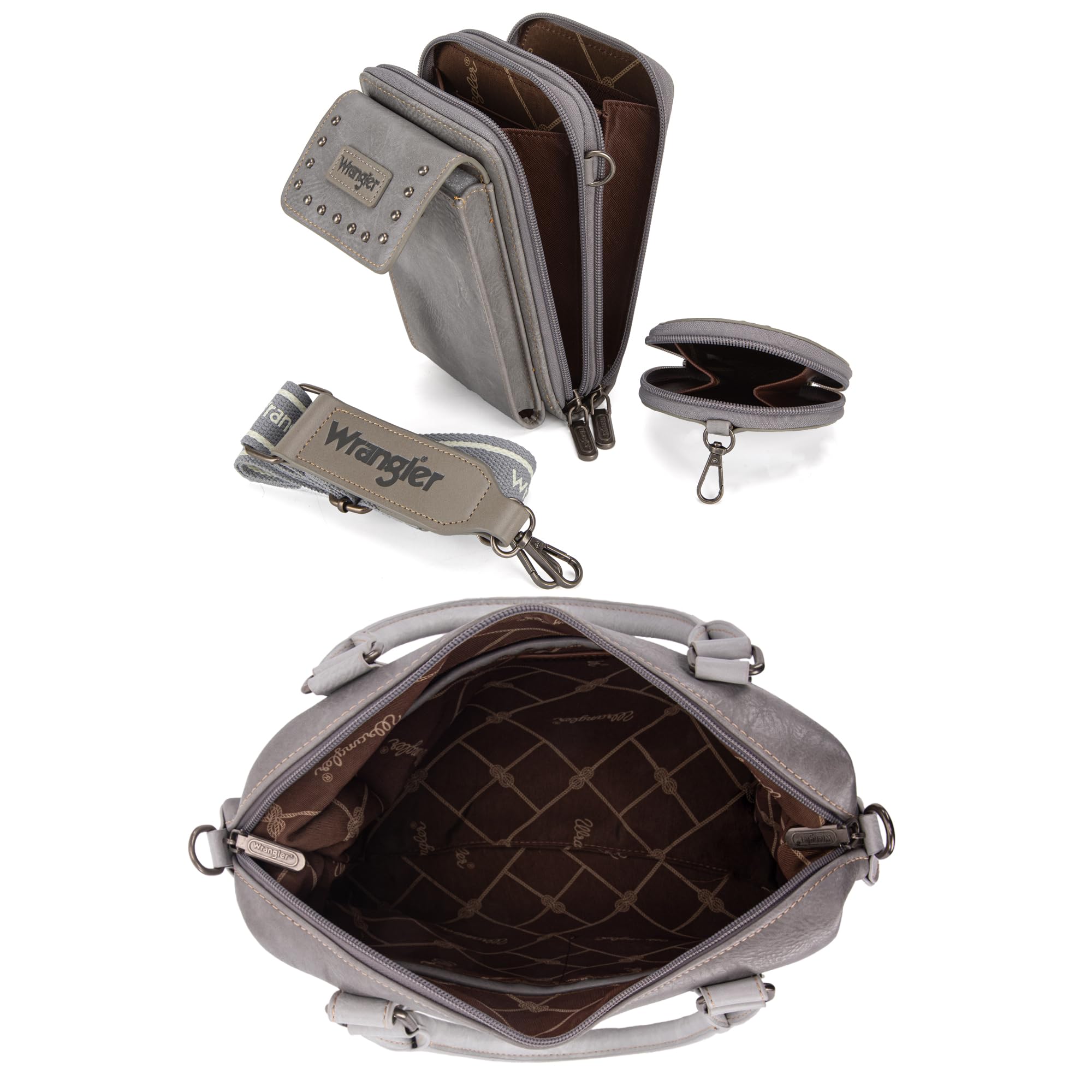 Wrangler 3Pcs Doctor Bag Sets for Women Top-handle Satchel Bag with Cell Phone Handbag and Coin Purse: Eye-catching Gray