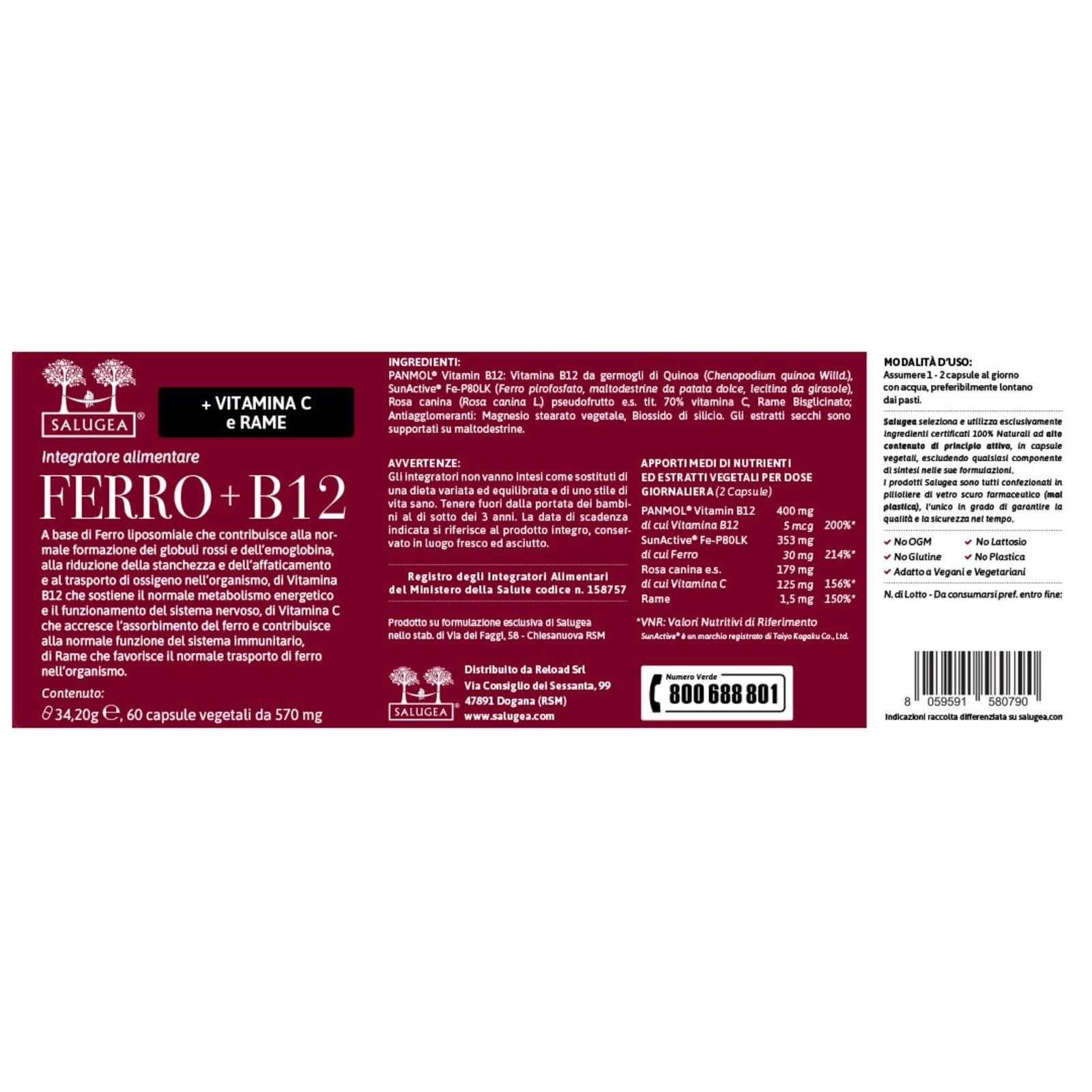 Salugea FERRO + B12 Salugea - Integratore 100% Naturale - Con Ferro liposomiale, Vitamina B12, Rosa Canina (Vitamina C) e Rame - 60 Capsule Vegetali in Flacone in vetro scuro farmaceutico