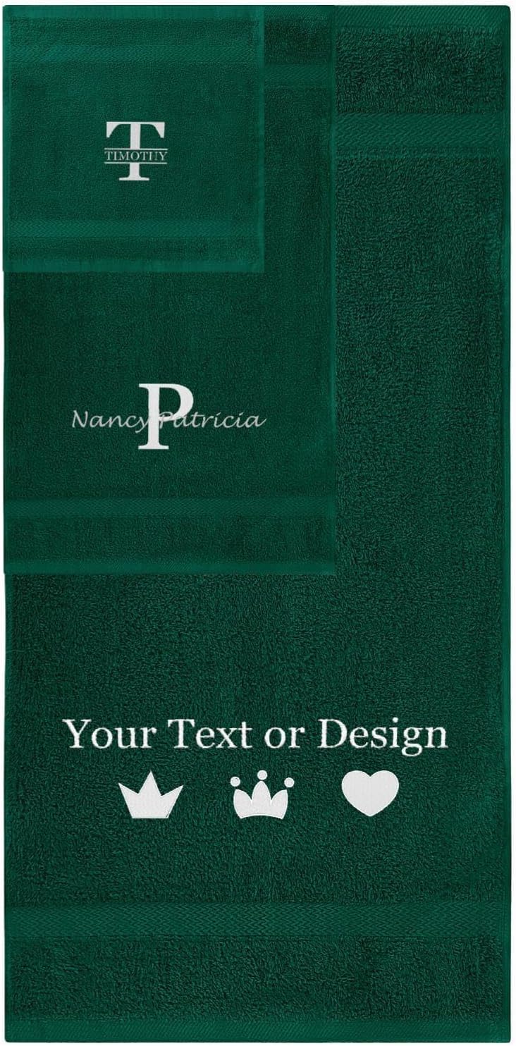 PersonalizedPassion Custom Monogram Turkish Cotton 3-Pc Towel Set - Super Soft Absorbent Bath Hand Washcloth Hunter Green