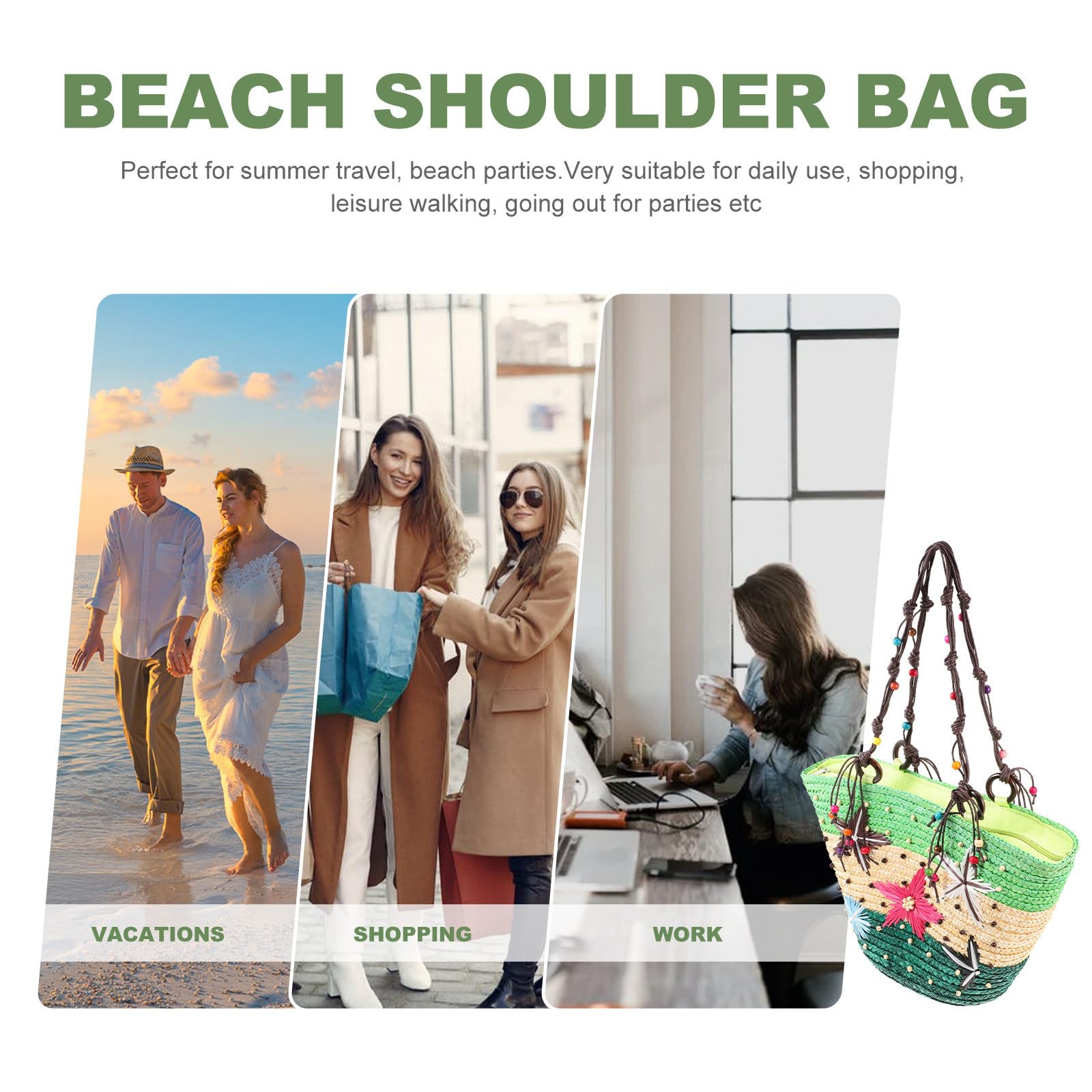 Bolso de Playa de Paja Tejido a Mano Decoracion Verano Verde