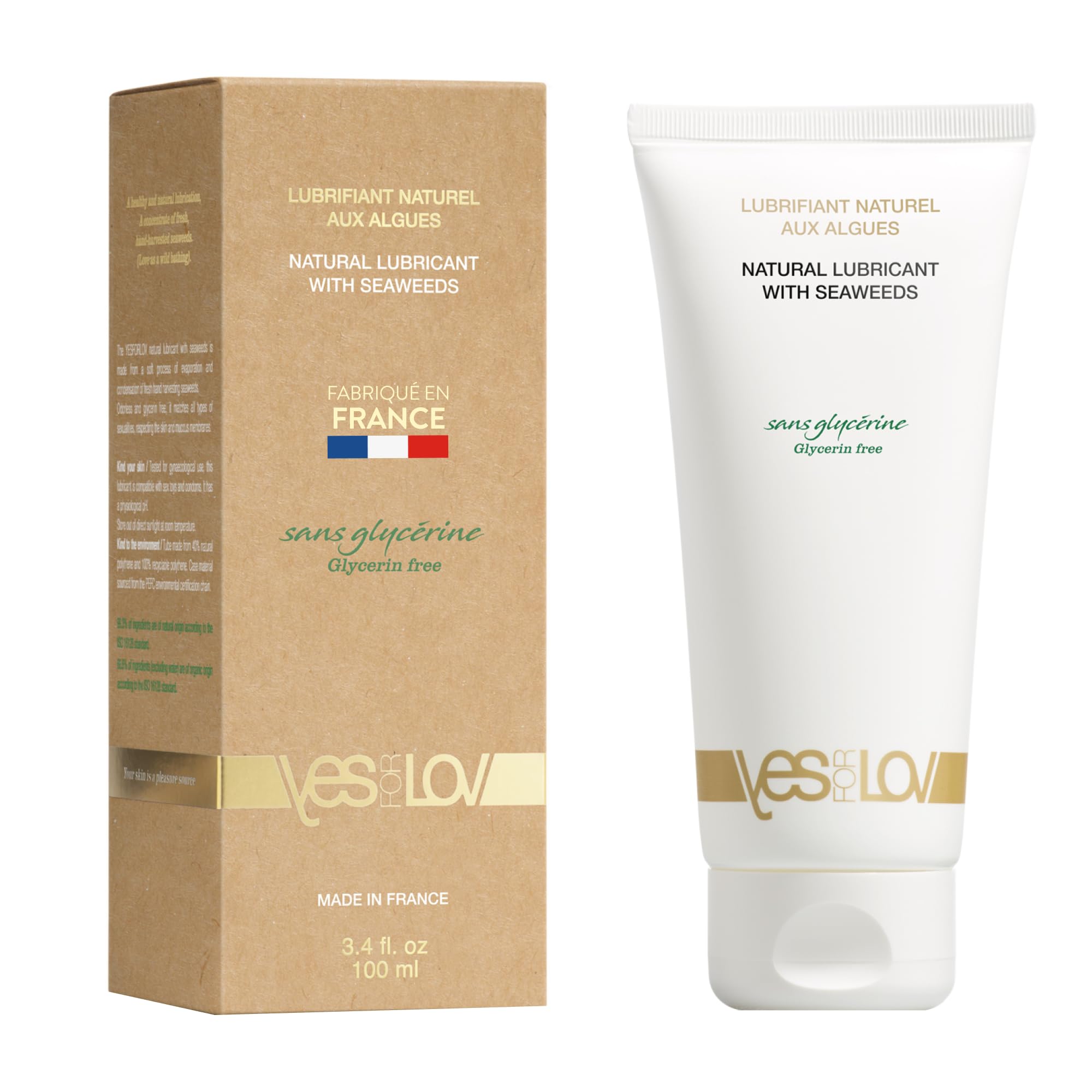 YESforLOV Lubrifiant Naturel aux Algues Bio Sans Glycérine – Gel Lubrifiant Hydratant Intime – Base Eau, Made in France – Texture Non Collante – Compatible Préservatifs – 100 ml