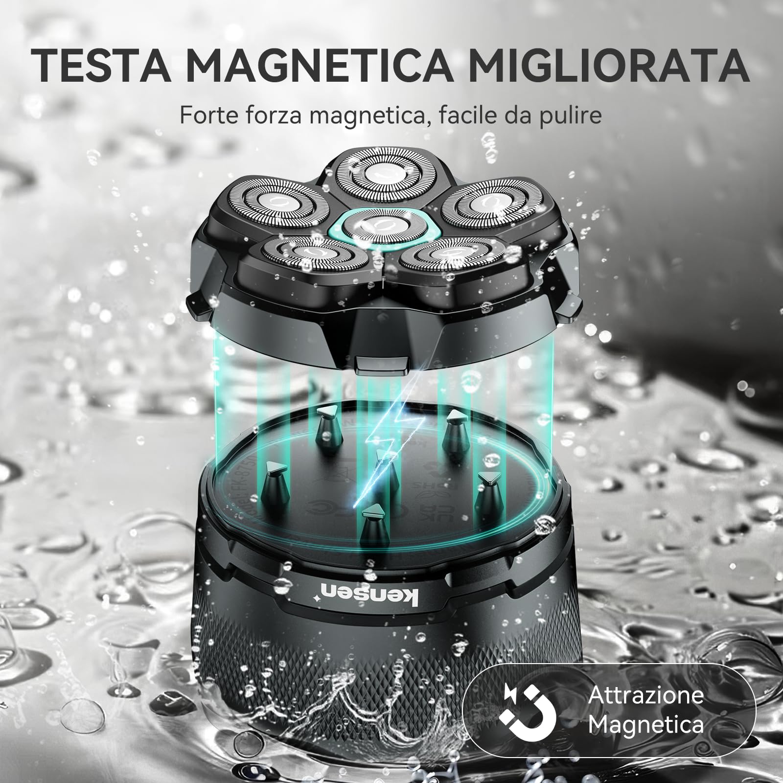 kensen Kit Rasoio Testa Calva 160 Minuti di Autonomia 6D Rasoio Elettrico Testa Calva Uomo Fluttuante Impermeabile Cordless con Rasoio Testa Magnetiche & Porta di Carica USB-C