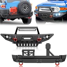 Front & Rear Bumper with Tire Carrier Compatible with 2007-2014 Toyota FJ Cruiser with Winch Plate, Skid Plate, Oil Drum Rack, LED Lights, Sensor Holes, License Frame, Tow Hitch Plate & D-rings
