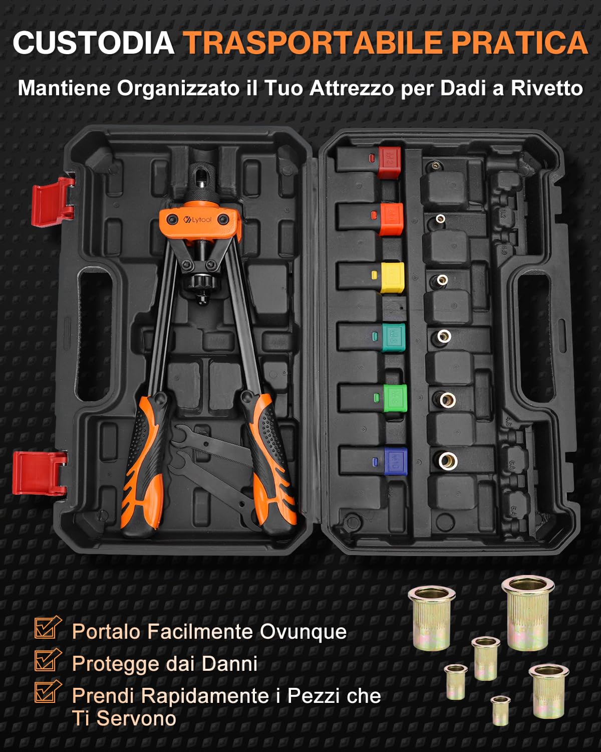 Lytool Rivettatrice per Inserti Filettati 14‘’,Rivettatrice Filettati Manuale 6 Mandrini Metrici e 205 Dadi per Rivetti(M3-M4-M5-M6-M8-M10),Custodia da Trasporto Pesante, Chiave, 2 Perni di Bloccaggio