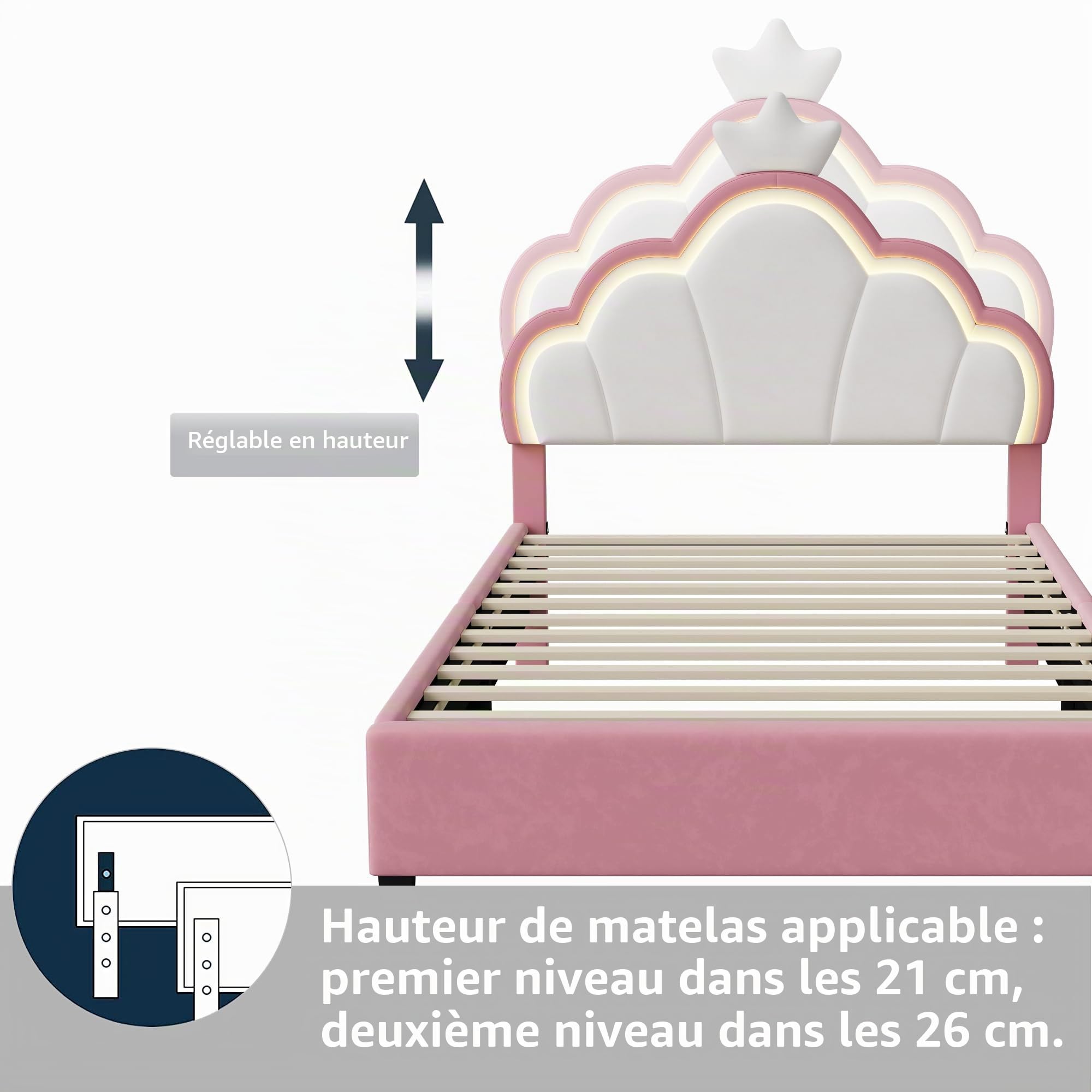 Lit Fille 90x200 cm, Lit Enfant Rembourré avec Tête de lit réglable et LED, Lit Princesse Fille avec Sommier à Lattes, Lit 1 Place Enfant, Rose, sans Matelas