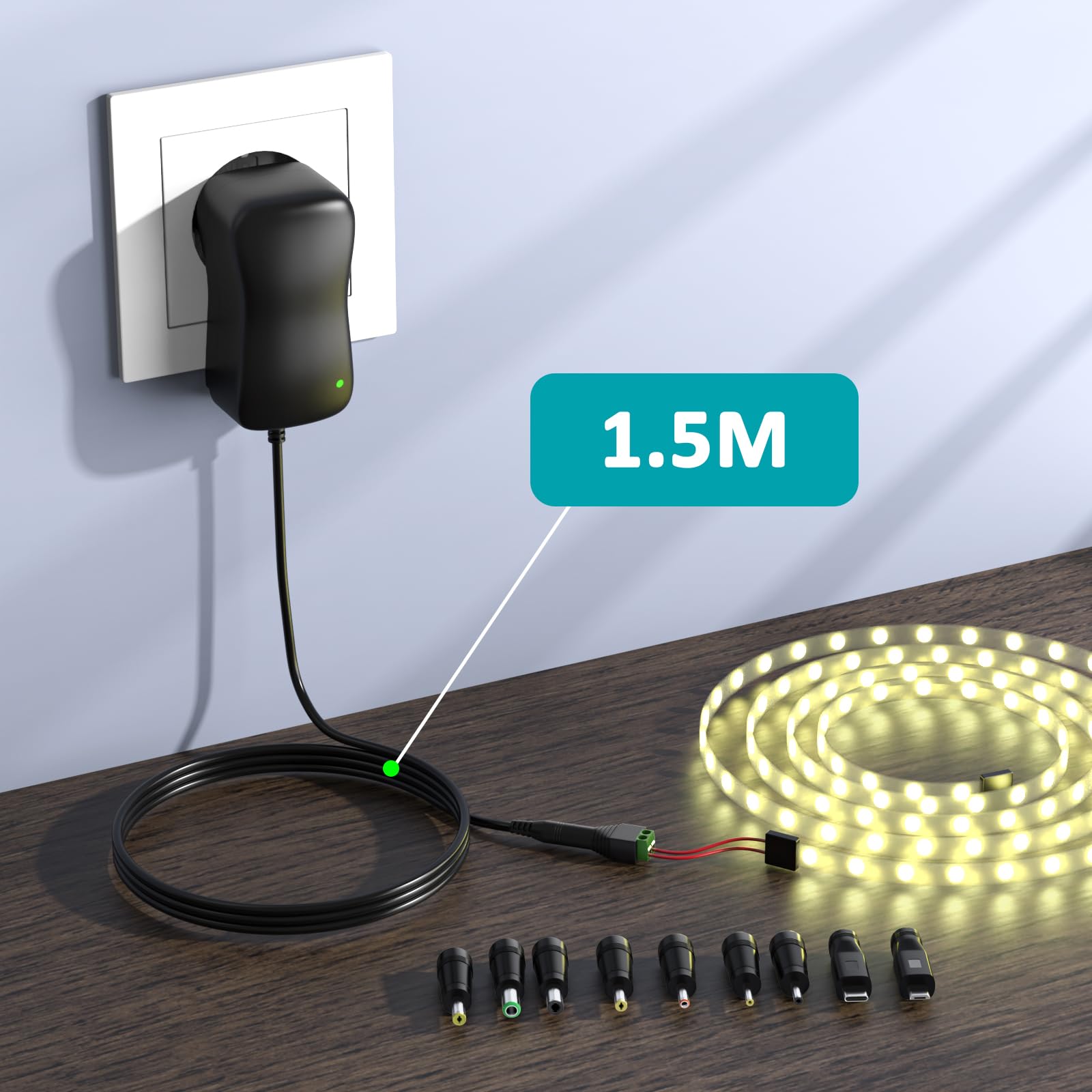 48W Adaptateur Secteur Universel AC DC 5V 6V 9V 12V 15V 19V 20V 24V 2A 3A 4A Chargeur Multi-Tensions avec 10 Fiches CC pour l'électronique Domestique, Contient USB-C