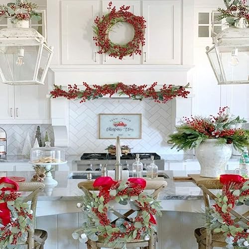 Miniatura 5 de Greentime Guirnalda de bayas rojas de Navidad, bayas rojas falsas para interiores y exteriores, decoración del hogar para invierno, Navidad,