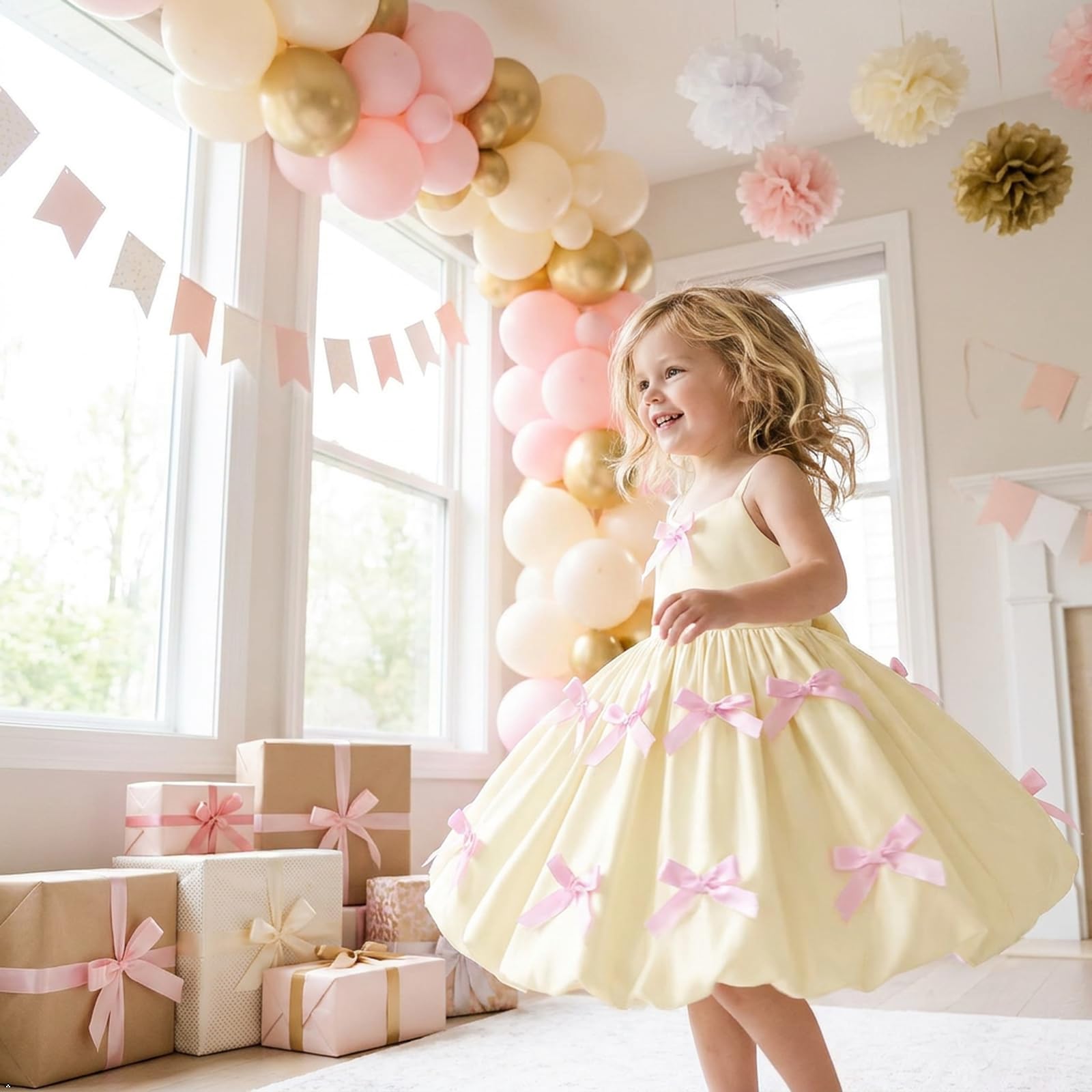 IDOPIP Kleinkind Mädchen Rosa Schleife Geburtstag Kleid Blasensaum Prinzessin Blumenmädchen Hochzeit Festzug formelle Party Kleider Fotoshooting