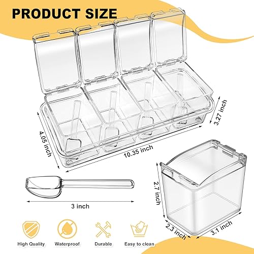 Miniatura 2 de Bokon Juego de 4 cajas de condimentos de acrílico transparente con cuchara, 16 unidades, organizador de condimentos de cocina, recipientes para