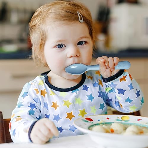 Miniatura 7 de Juego de 12 utensilios de plástico para niños pequeños, 6 tenedores y 6 cucharas para niños, sin BPA, aptos para lavavajillas, cubiertos de colores