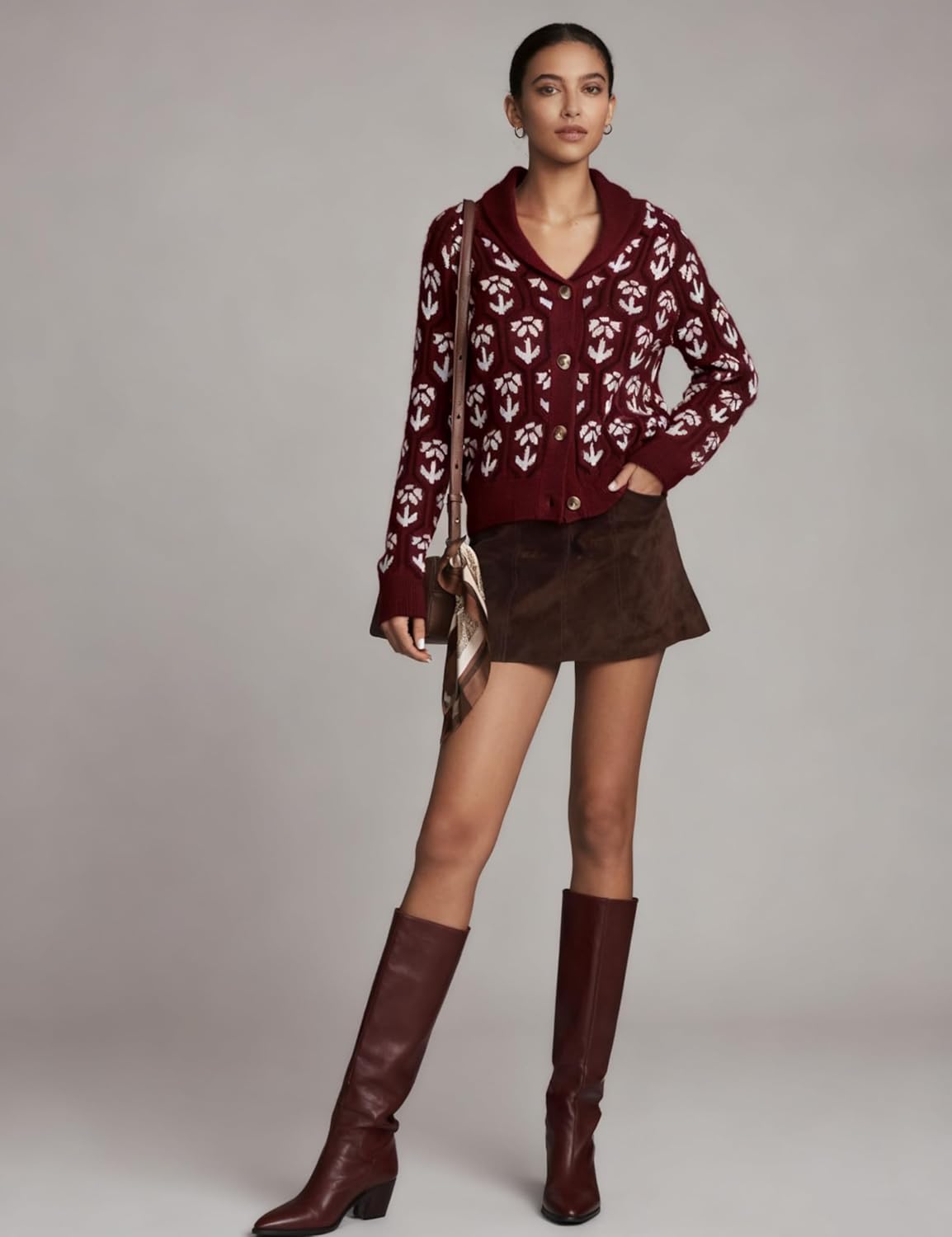 Women Floral Cropped Cardigan Sweaters Shawl Collar Long Sleeve Button Down Knit Jacket Flower Print Knitwear - Image 5