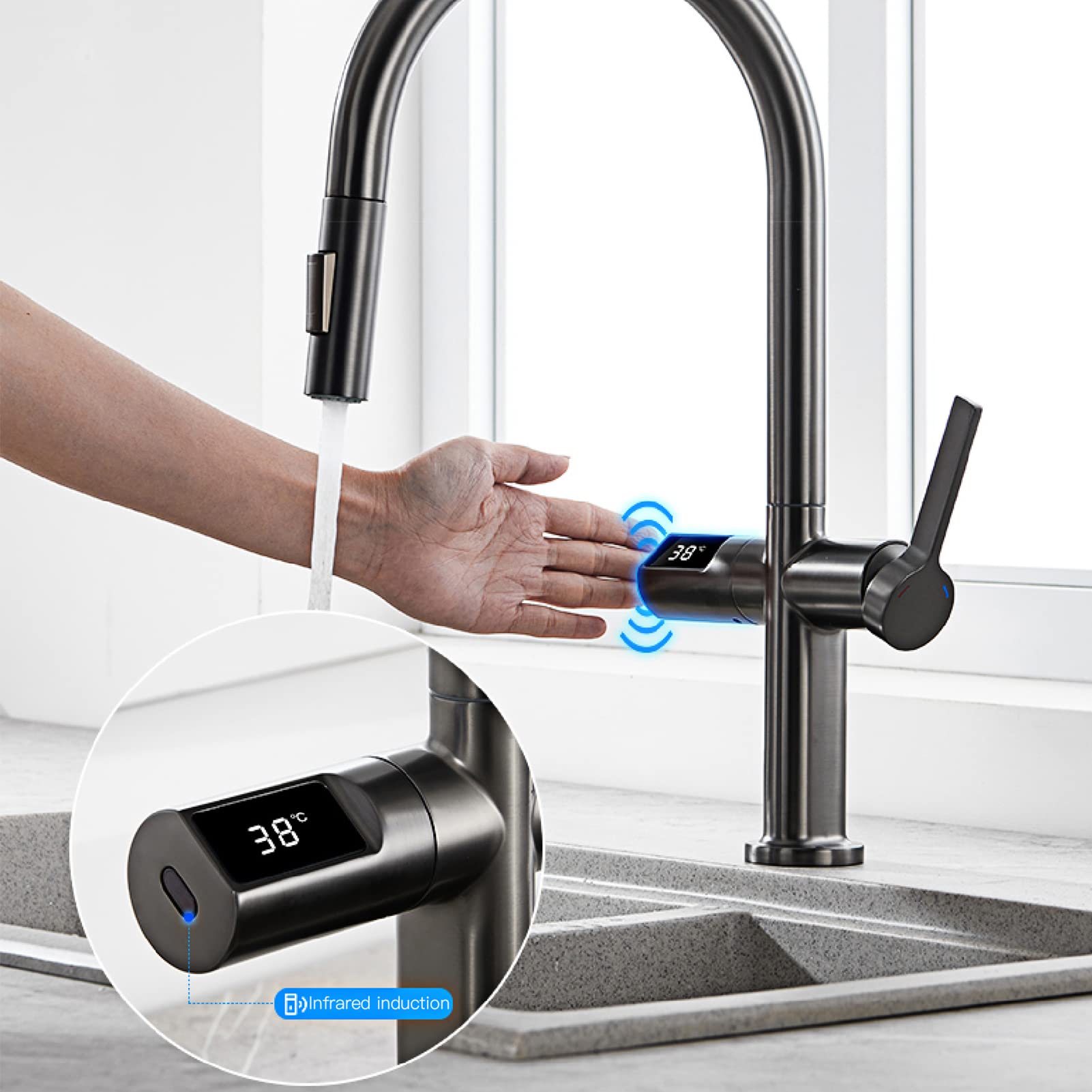 Grifo de Cocina extraíble, Monomando con Doble Control de Agua fría y Caliente, Grifo de Fregadero inductivo de Doble función, latón