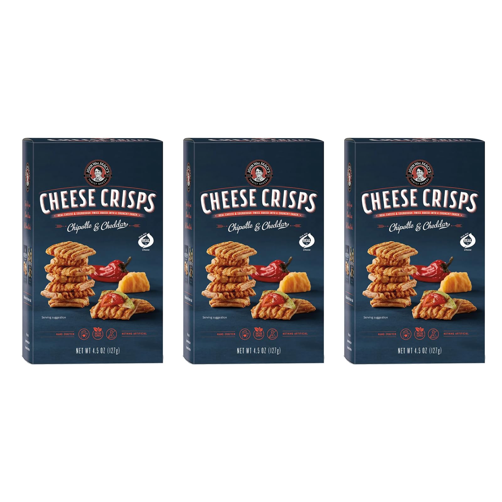 John Wm. Macy - Chipotle & Cheddar CheeseCrisps - Hand Crafted, Non GMO, and Nothing Artificial - Made with Real Cheese - 4.5 oz. Cartons - 3 Pack