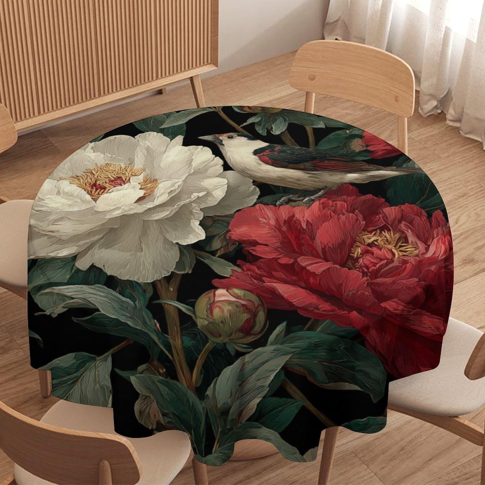 LUYYSKY Beautiful Realistic Wildlife Birds Waterproof Round Tablecloth Vintage Elegant Botanical Plant Flowers Animal Bird Print Washable Table Cover for Kitchen-91.4" Wx91.4 L cm
