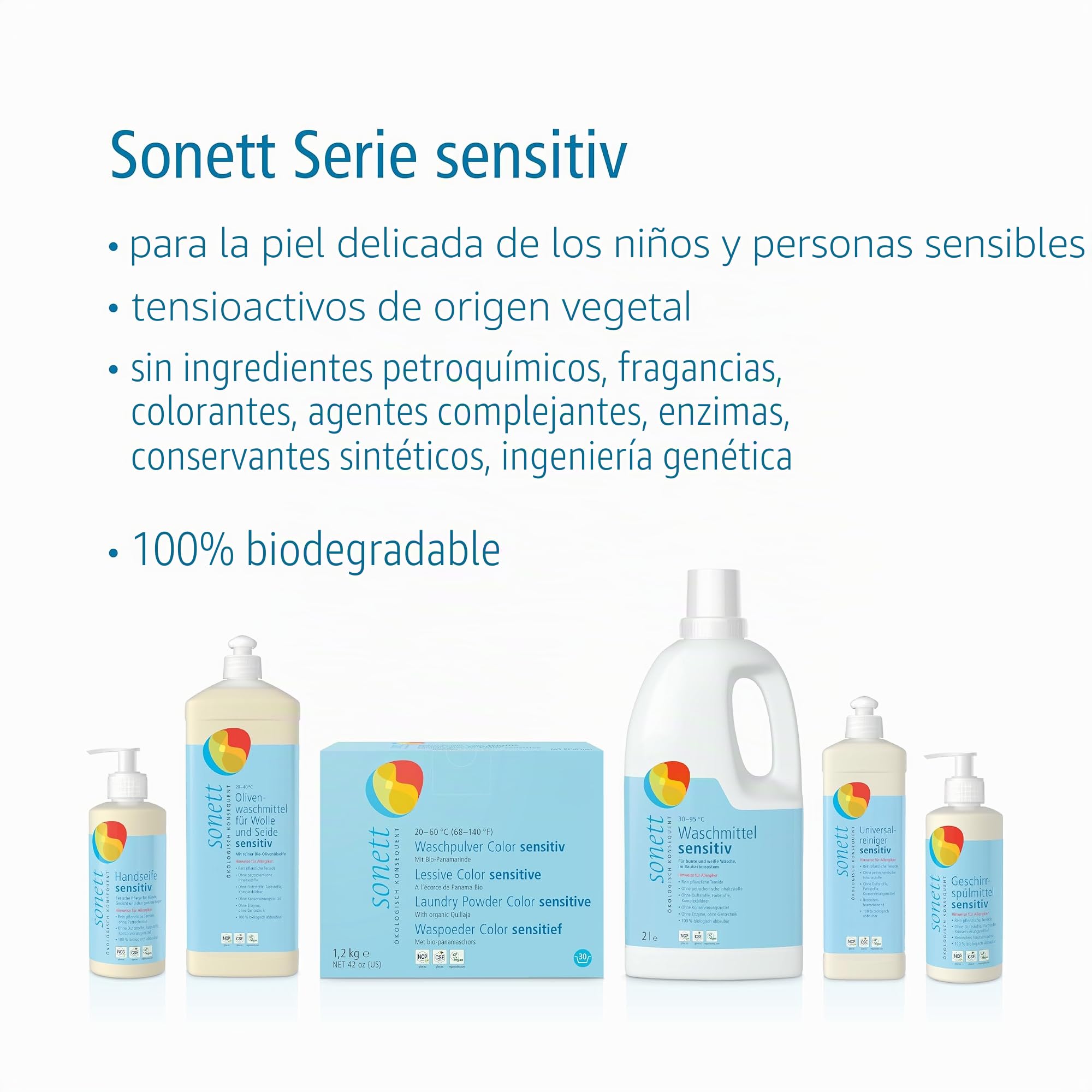 Soneto lavandería Sensitiv: pura pflanzliche tensoactivo, sin petrochemische ingredientes, 100% Biodegradable, 20 L