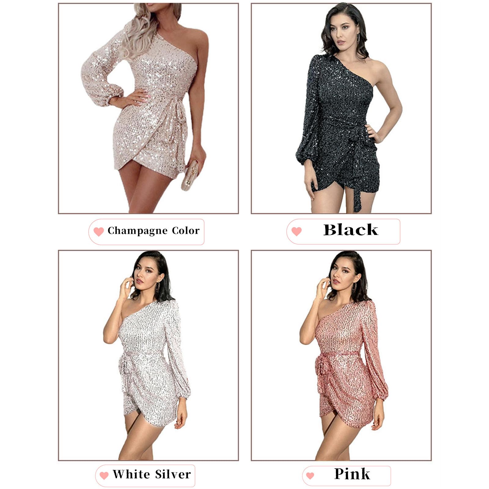 Abiti da Donna Abito da Donna con Paillettes Pausa Spalla Obliqua A Maniche Lunghe con Paillettes Abito Irregolare Abbigliamento alla Moda Sexy Elegante Gonna Corta