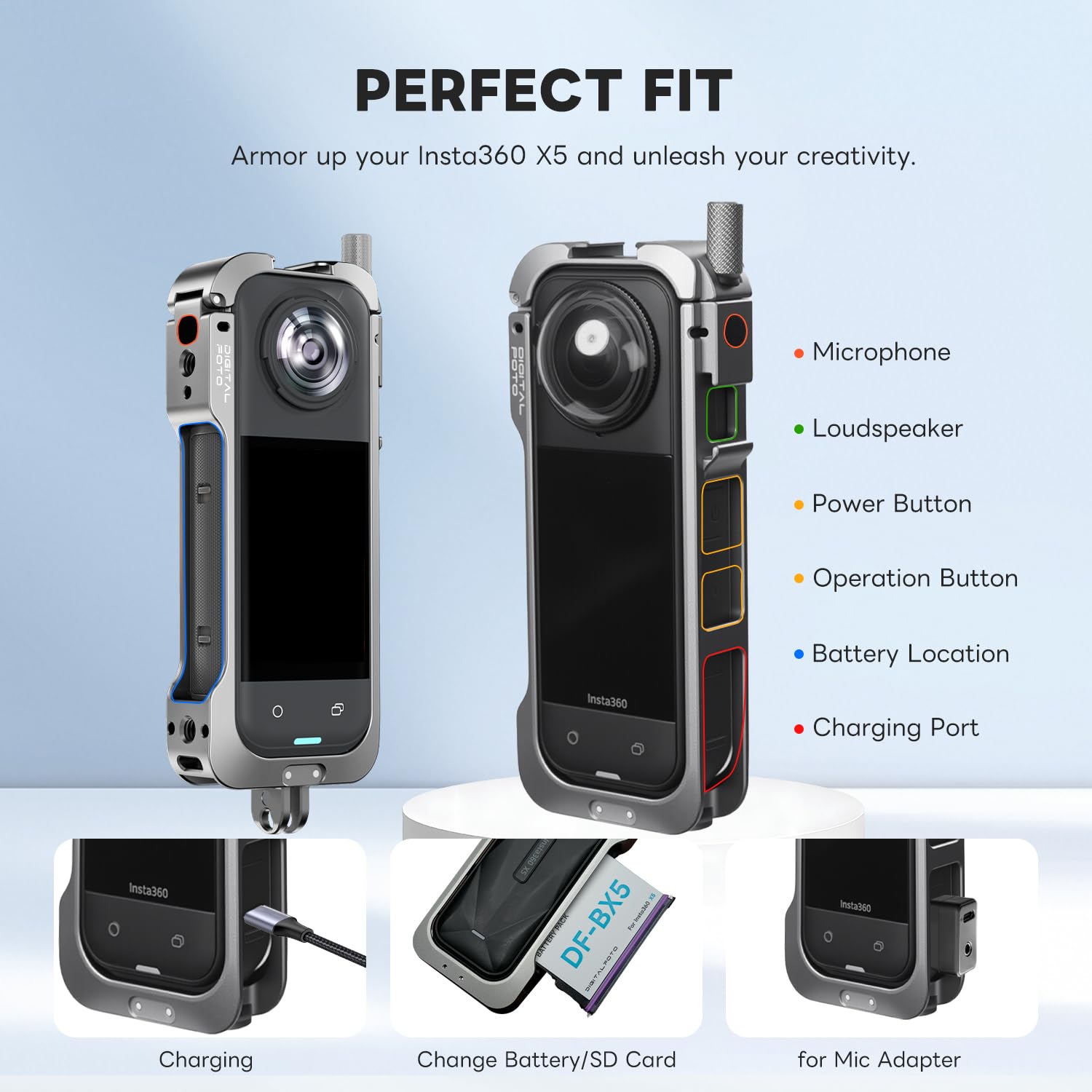 Insta 360 X5, custodia protettiva in lega di alluminio con sgancio rapido, copriobiettivo in silicone, supporti per scarpe fredde e filettatura da 1/4"