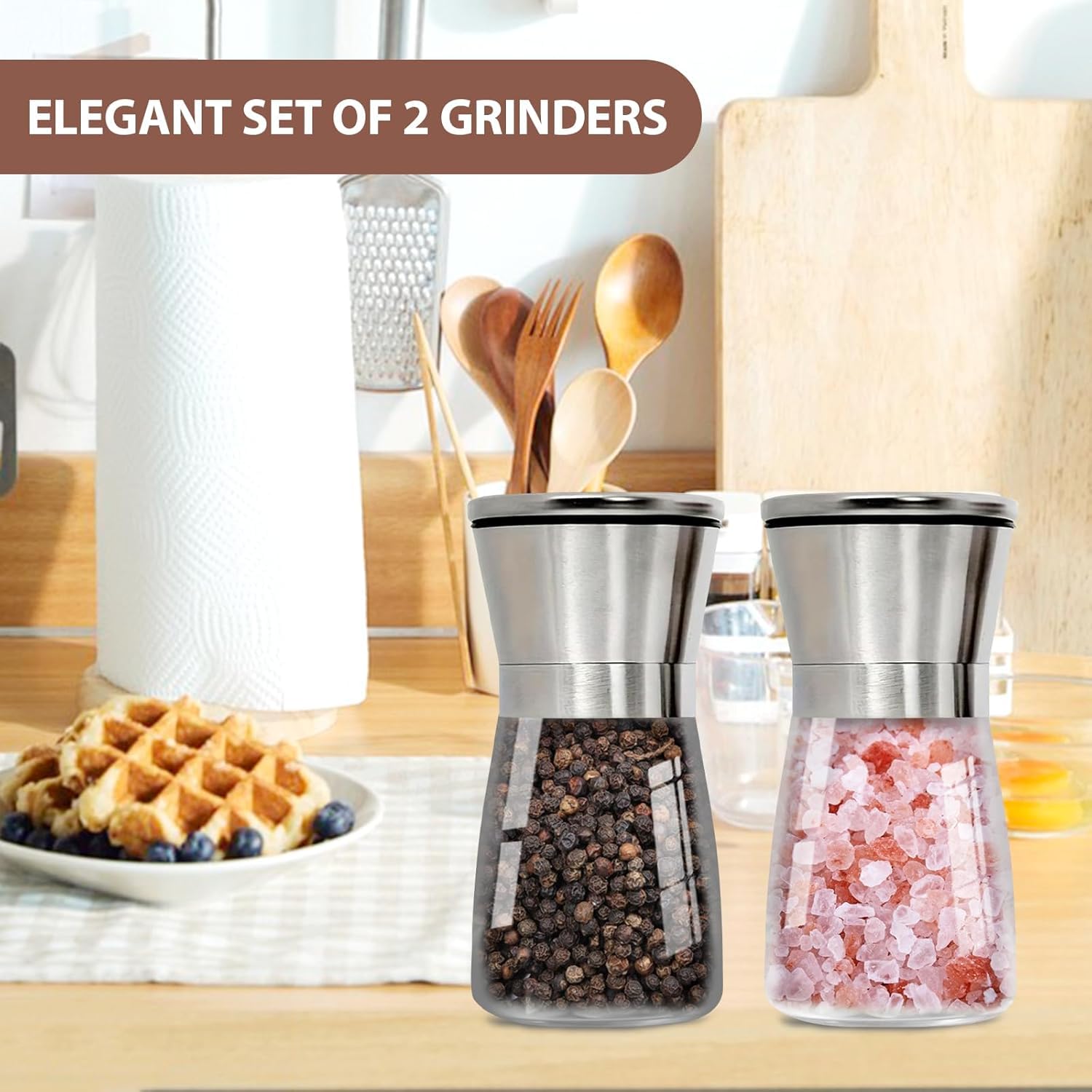 Set 2 Macinini Sale E Pepe In Acciaio Inox E Vetro - Manuali, Regolabili, Ricaricabili - 2