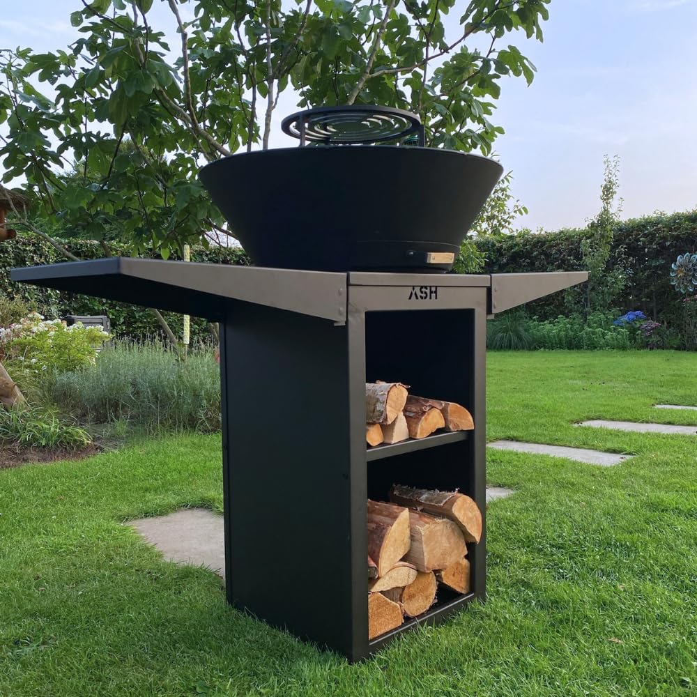 ASH Phoenix - Plancha Grill de Jardin Avec Cheminée - Noir - Acier - Barbecue Brasero Outdoor 60Ø x 115cm - Extra Large - Rangement Bois