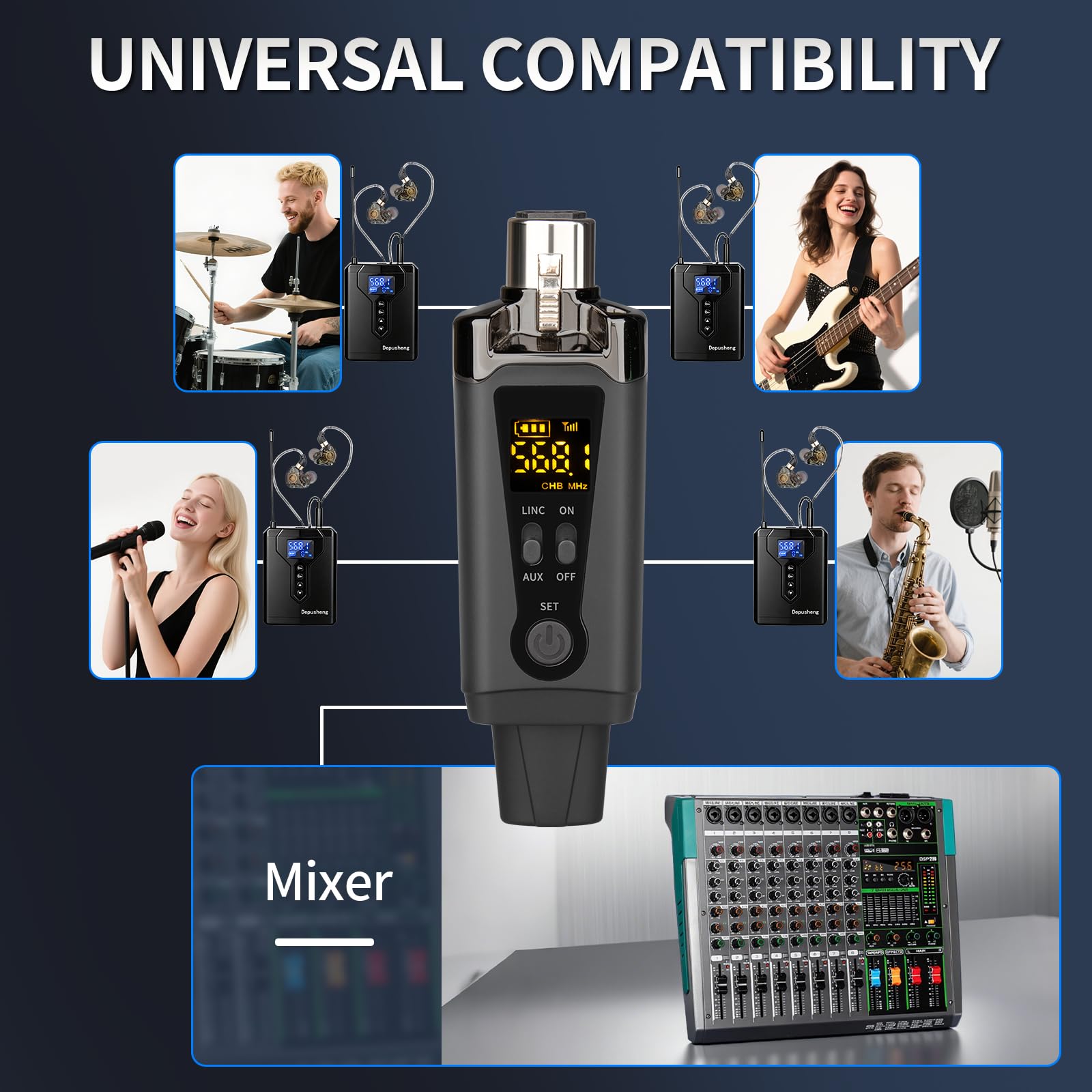 Depusheng MA5 Drahtloses In-Ear-Monitorsystem mit Sender und Empfängerclip, automatischer Kopplung, In-Ear-Monitoring für Studio, Gitarre, DJ und Live-Auftritte (1 Receiver + 1 Transmitter)