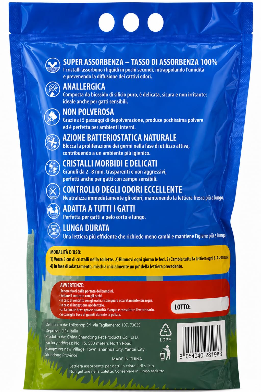 Lollo Diamond Lettiera Gatti in Cristalli di Silicio, 8 x 5,5 L, 44 Litri | Alta assorbenza, controllo degli odori e bassa polverosità; granuli delicati, ideali anche per case con più gatti