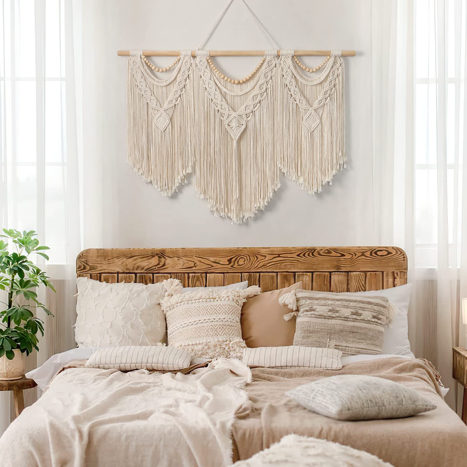 Dremisland Duża makrama, makrama, dywan ścienny, dekoracja ścienna w stylu boho, tkana, beżowe, frędzle, perły, sztuka ścienna, estetyczna chusta na ścianę, makrama, dekoracja ścienna, do sypialni