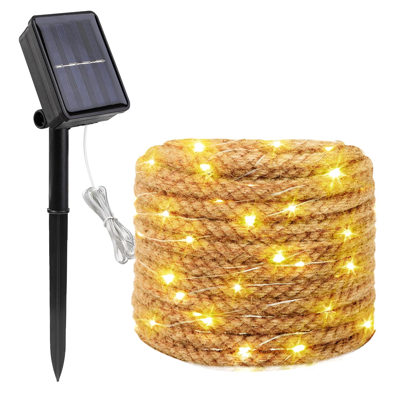 Guirnalda Luces Exterior Solar: 7M 100 Led Cuerda de Cáñamo Natural, Cadena de Luces Solares para Exterior 8 Modos Resistente al Agua para Jardín Fiesta Boda Pabellón Navidad, Blanco Cálido