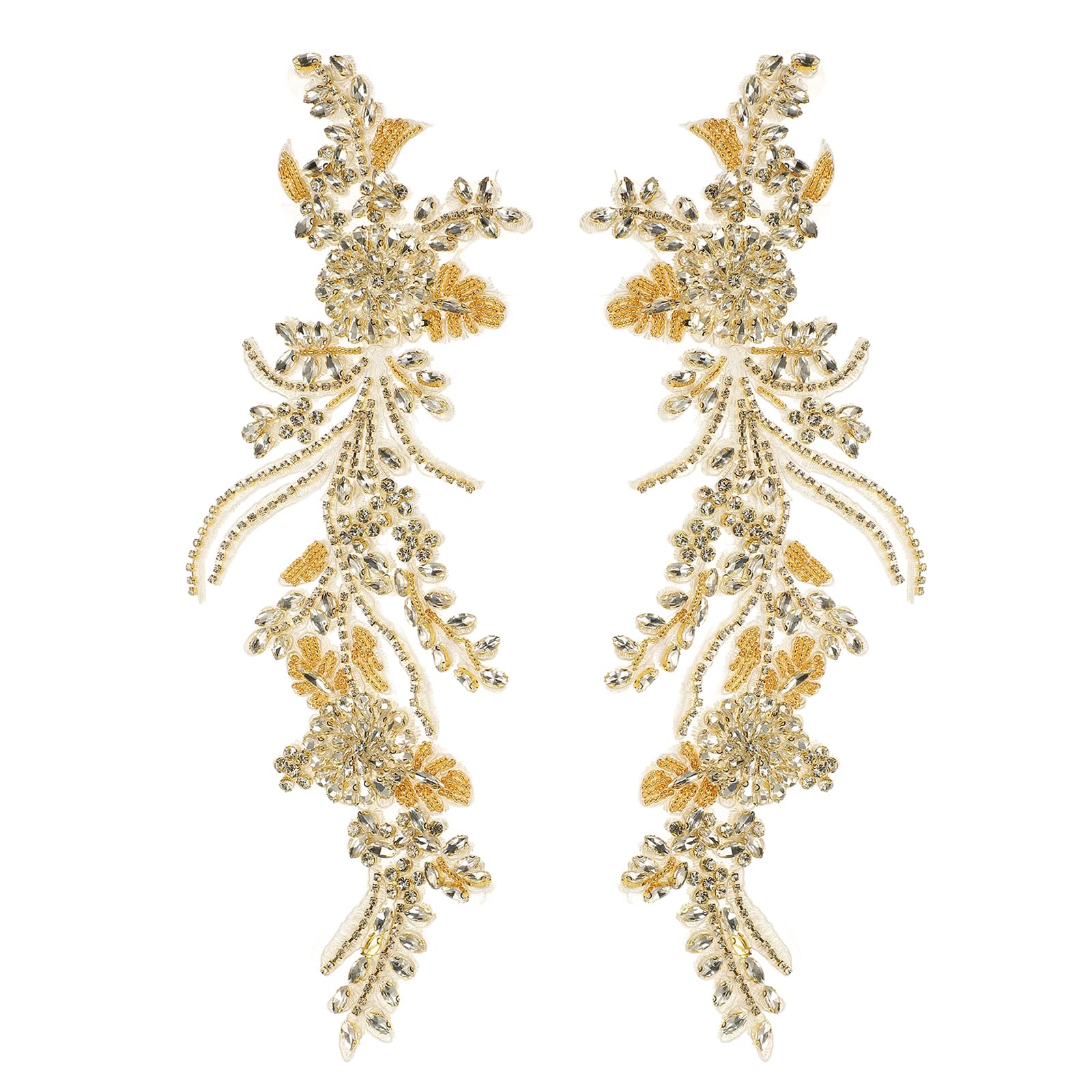 Rebower 2 Pcs Light Gold Rhinestone Applique, 13 x 4 Inch Crystal Fabric Patches Beaded Embroidery Lace Appliques Embellishments for Wedding Evening Clothes Dresses Sewing