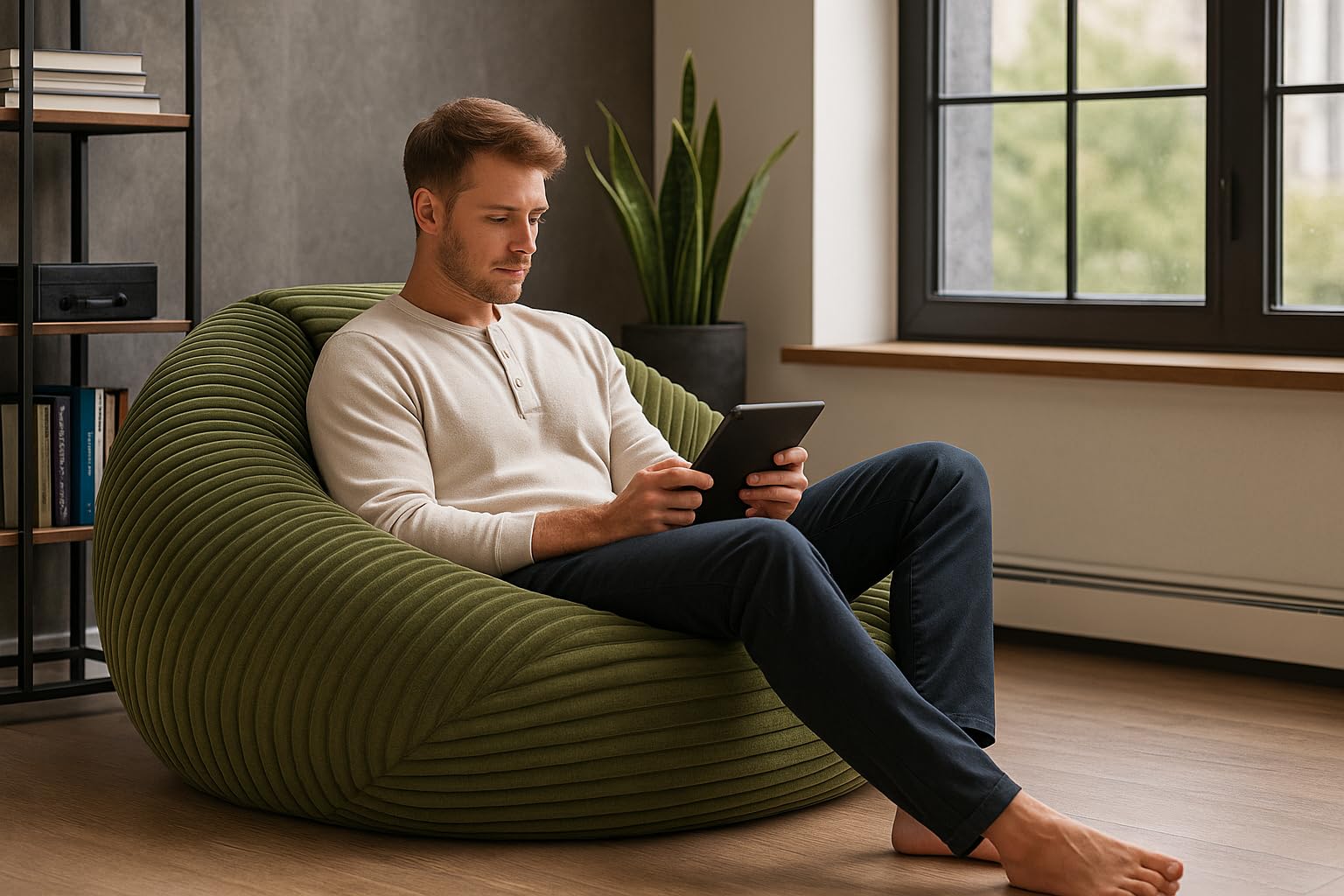 PATCH HOME Deluxe 2 in 1 Cord Sitzsack Sessel Bean Bag – Gaming Sitzsäcke für Erwachsene & Kinder mit Reißverschluss – Bereits befüllt – Ideal zum Sitzen und Liegen (Olivegrün, Ø155 cm)