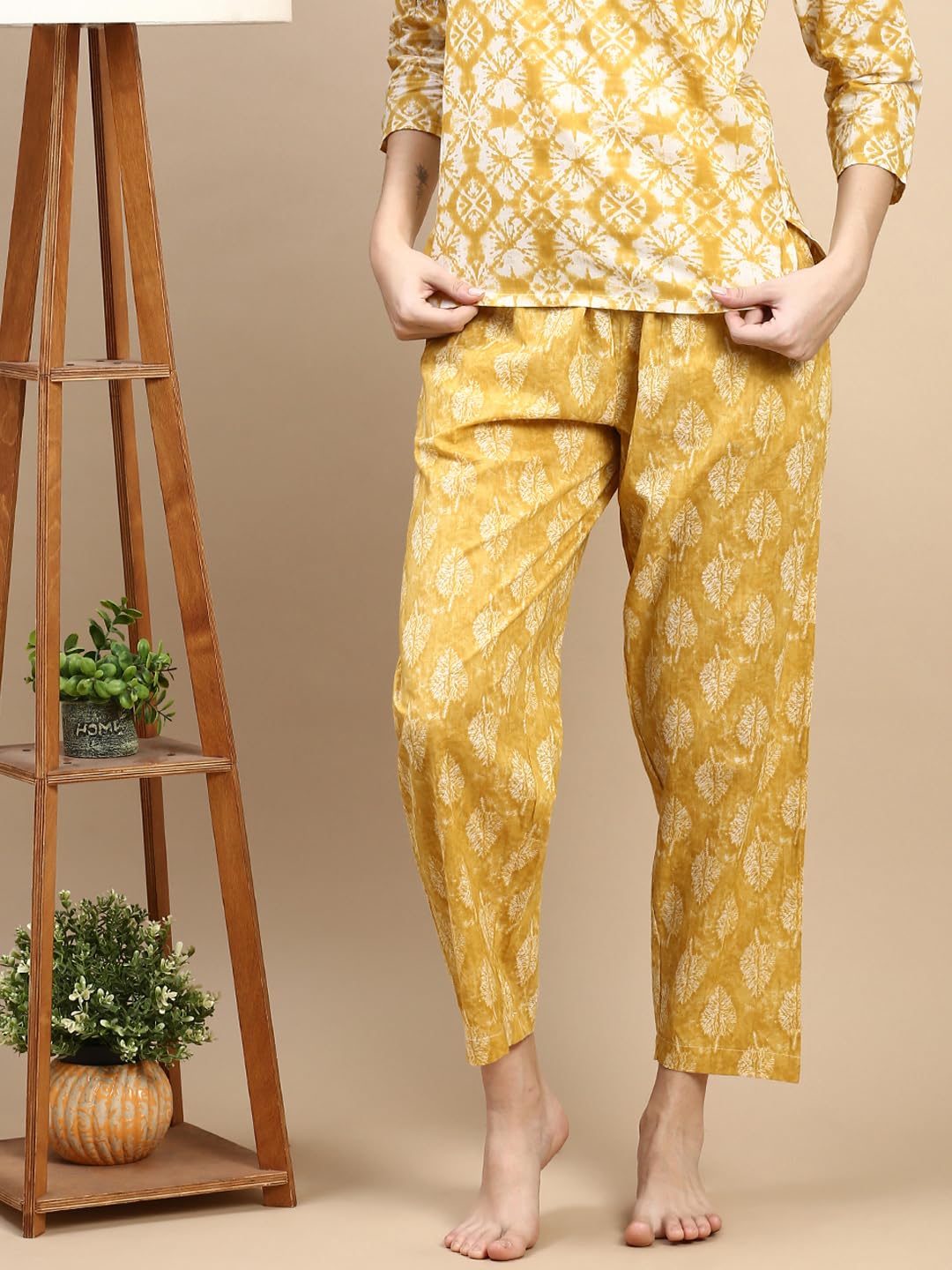 KRYPTIC Women pyjama pure cotton yellow leaf printed relaxed fit loungepant nightpant with side pocket and adjustable waist(Yellow;M) - Image 6 thumbnail