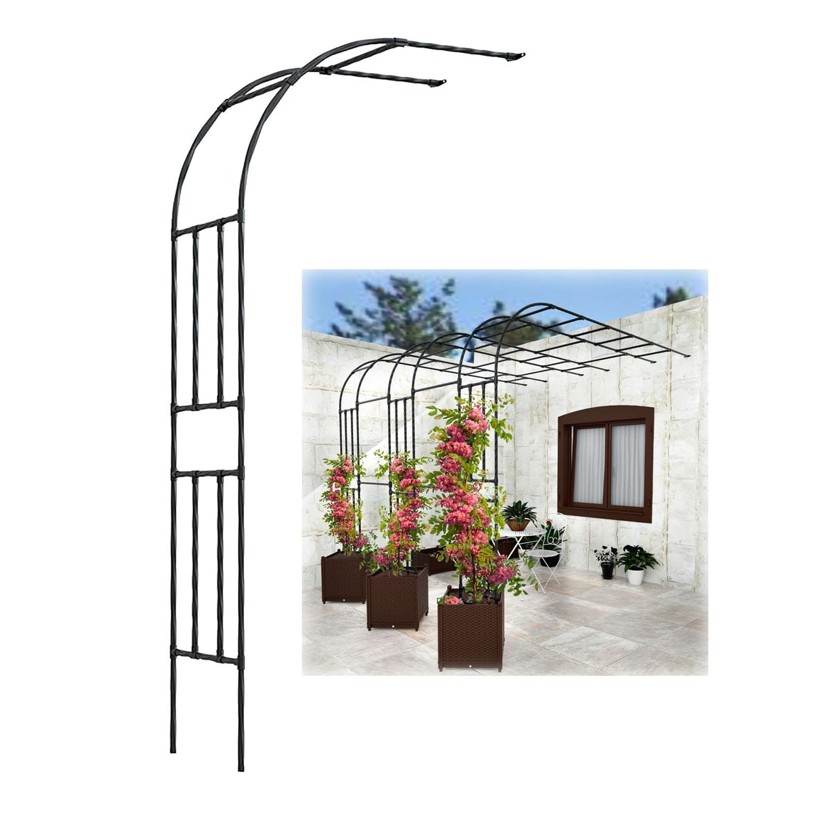 Metalowy łuk ogrodowy do roślin pnących, 240 x 270 cm, pergola zewnętrzna, wsparcie róż, stabilna kratka do winorośli, dekoracyjna altana do ścieżki ogrodowej i podwórka