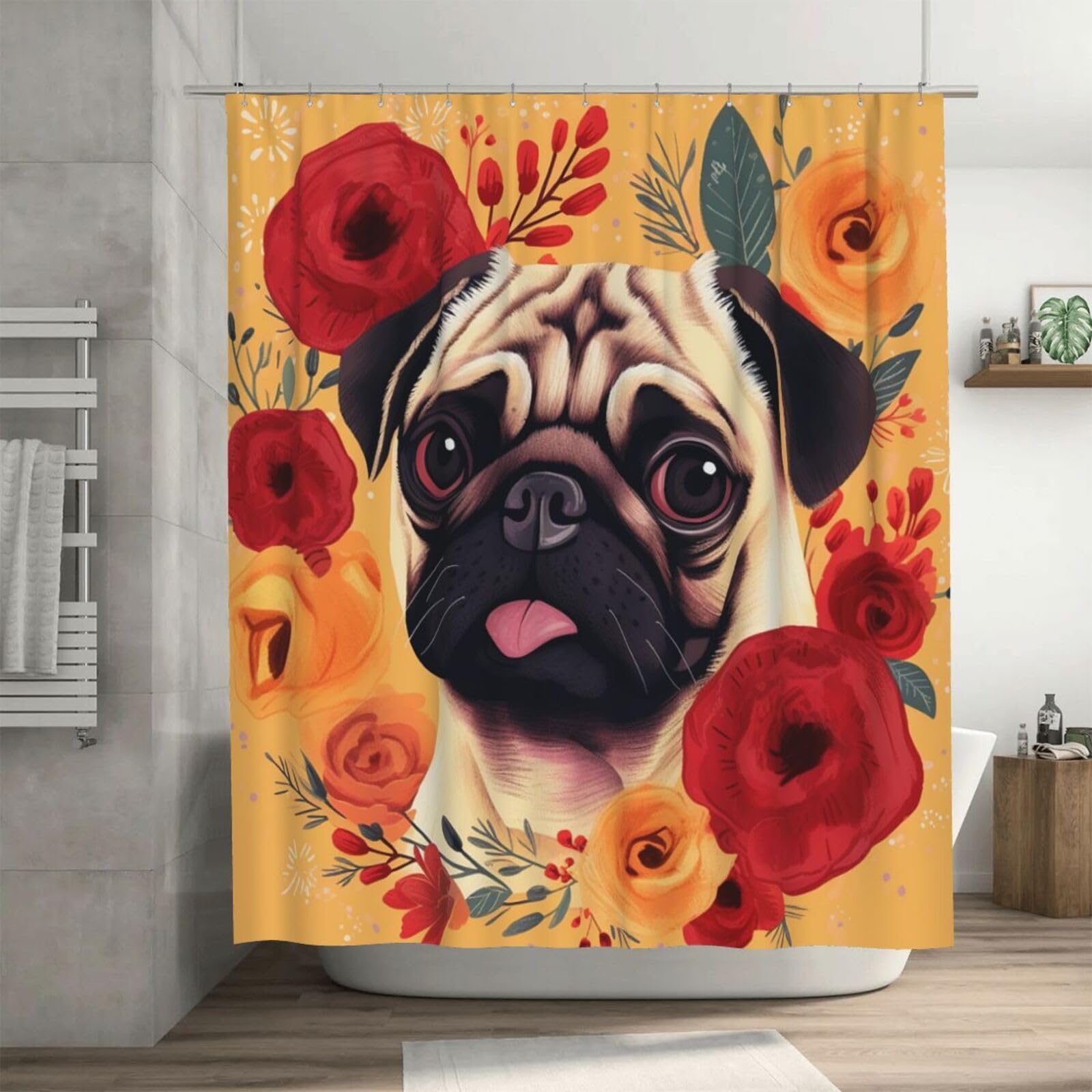Rideau de douche motif fleurs et carlin pour une salle de bain gaie et sèche